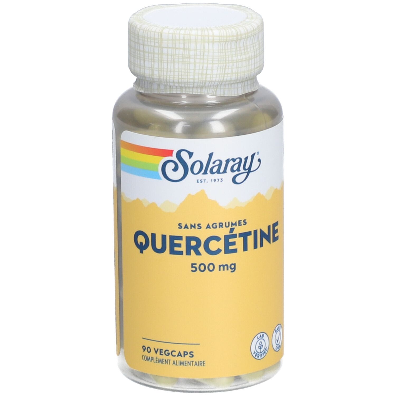 Flacon transparent avec étiquette jaune. Inscription : Quercétine 500 mg, 90 Vegcaps. Marque : Solaray.