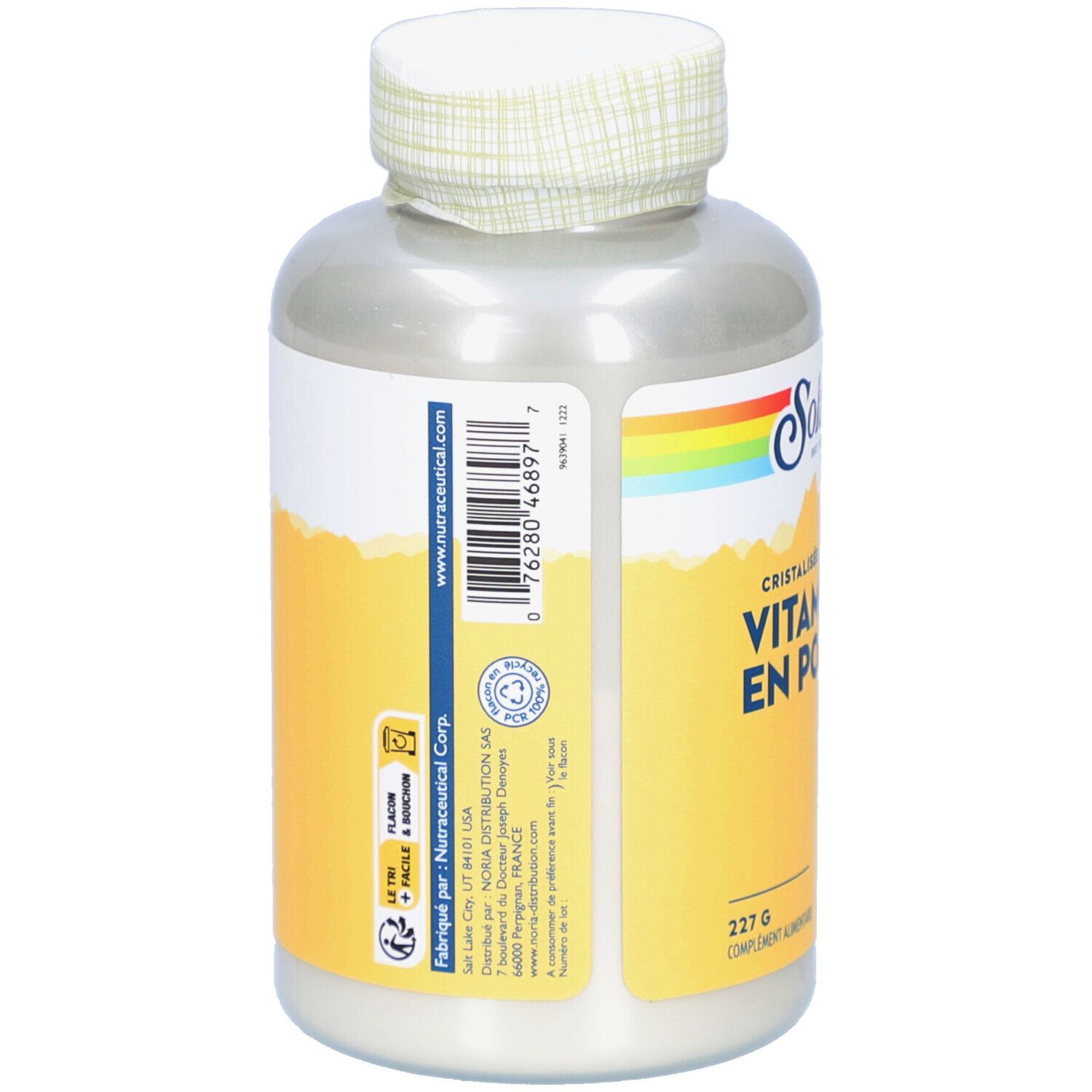 Dos du flacon blanc. Contient des informations sur les ingrédients et les valeurs nutritionnelles. Marque: Solaray.