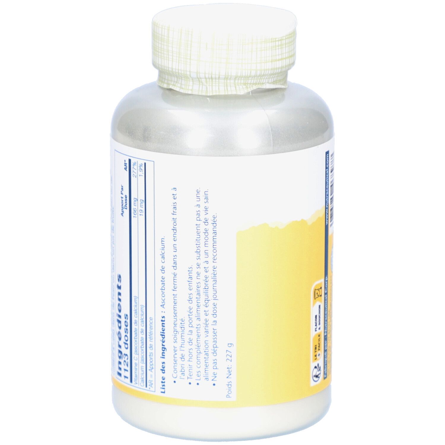 Dos du flacon blanc. Contient des informations sur les ingrédients et les valeurs nutritionnelles. Marque: Solaray.