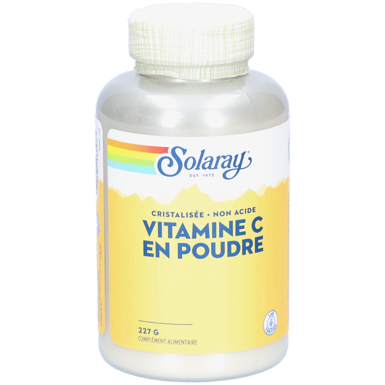 Flacon cylindrique blanc avec bouchon à vis. Inscription: Vitamine C en Poudre. Marque: Solaray. Contient 227g.