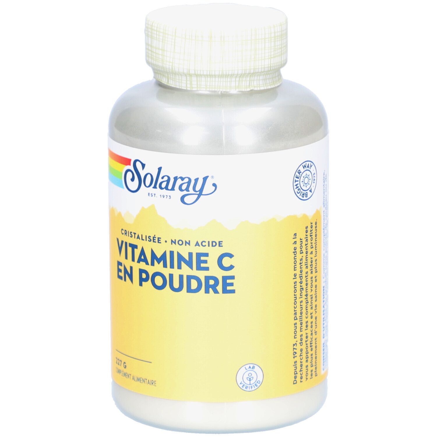 Flacon cylindrique blanc avec bouchon à vis. Inscription: Vitamine C en Poudre. Marque: Solaray. Contient 227g.