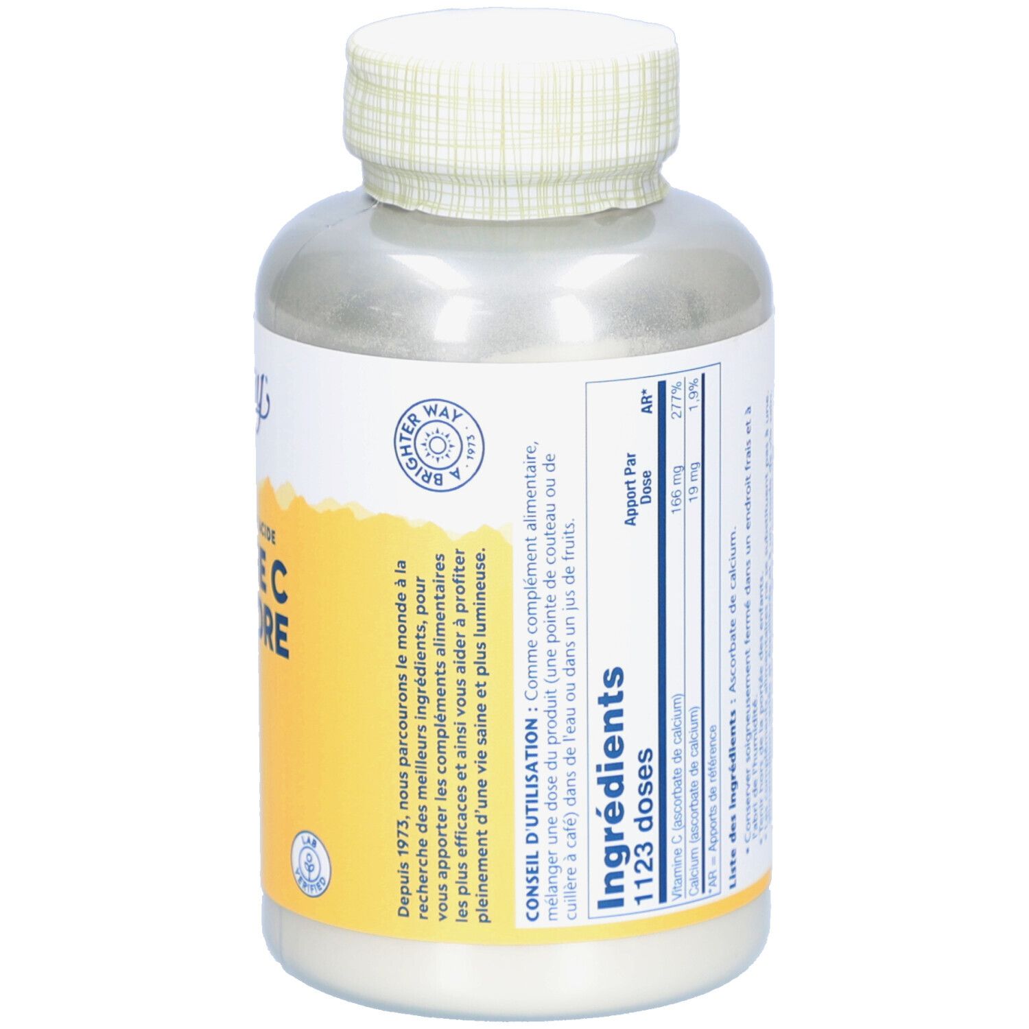 Dos du flacon blanc. Contient des informations sur les ingrédients et les valeurs nutritionnelles. Marque: Solaray.