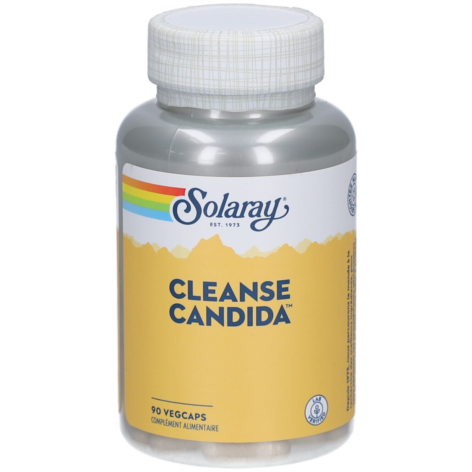 Flacon transparent avec bouchon blanc. Inscription: Solaray, CLEANSE CANDIDA, 90 Vegcaps.