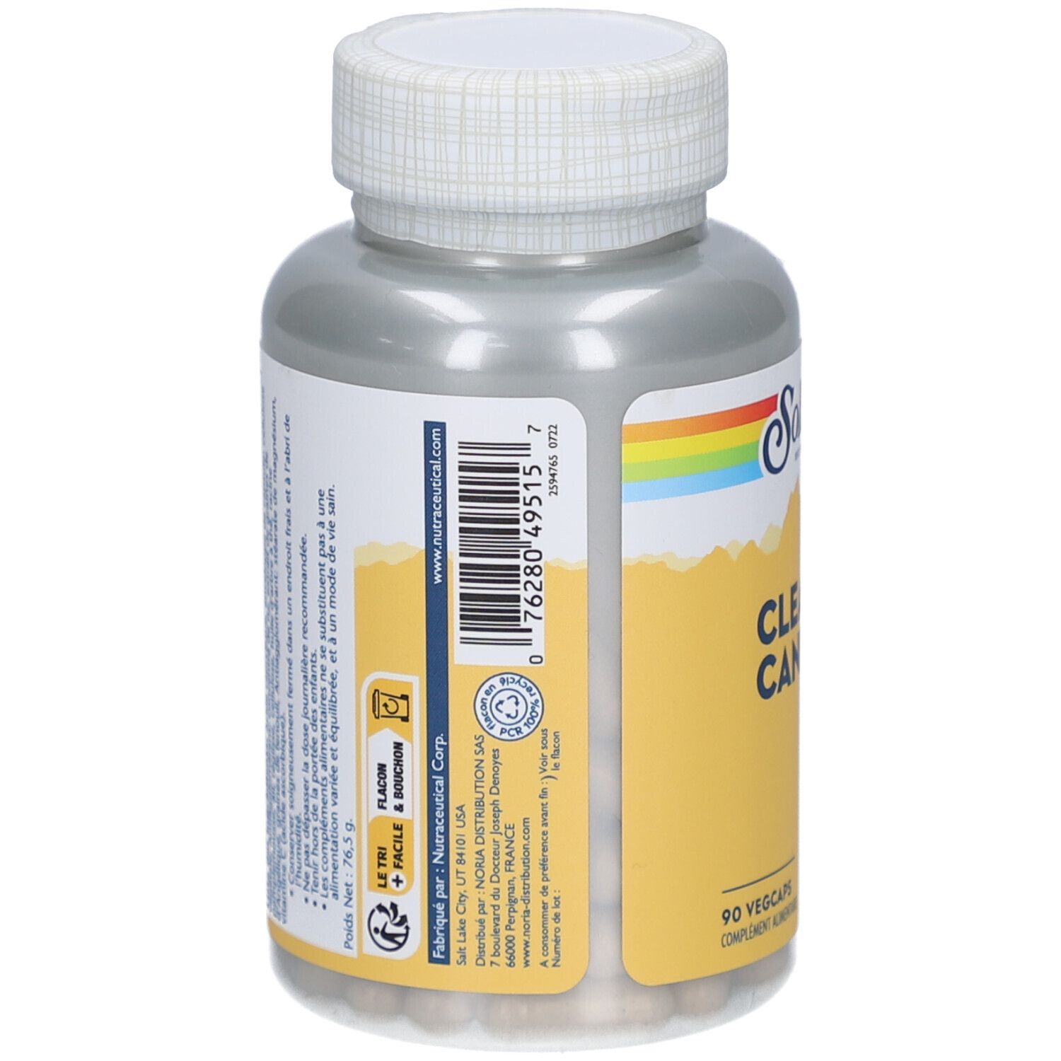 Dos du flacon. Étiquette avec texte et code-barres. Contient des informations sur les ingrédients et le fabricant.