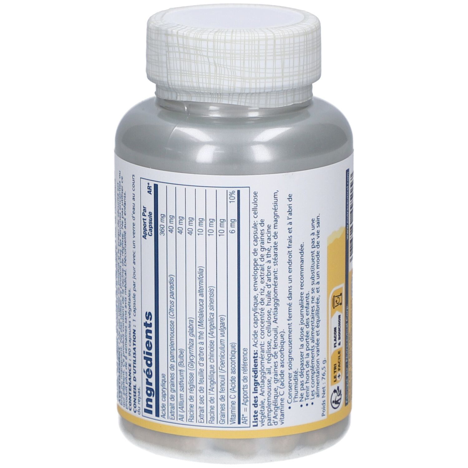 Vue arrière du flacon. Étiquette avec liste des ingrédients et informations nutritionnelles. Contient des informations sur les ingrédients.