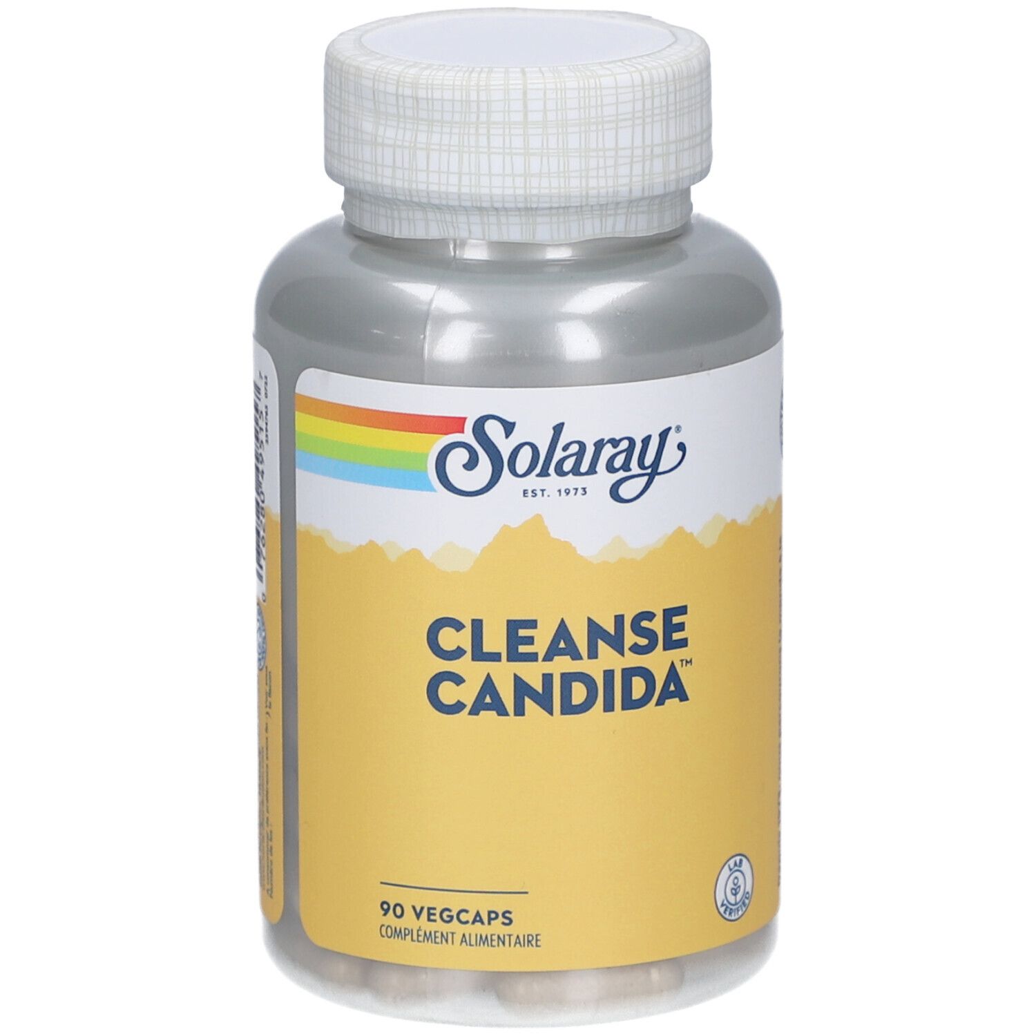 Flacon transparent avec bouchon blanc. Inscription: Solaray, CLEANSE CANDIDA, 90 Vegcaps.