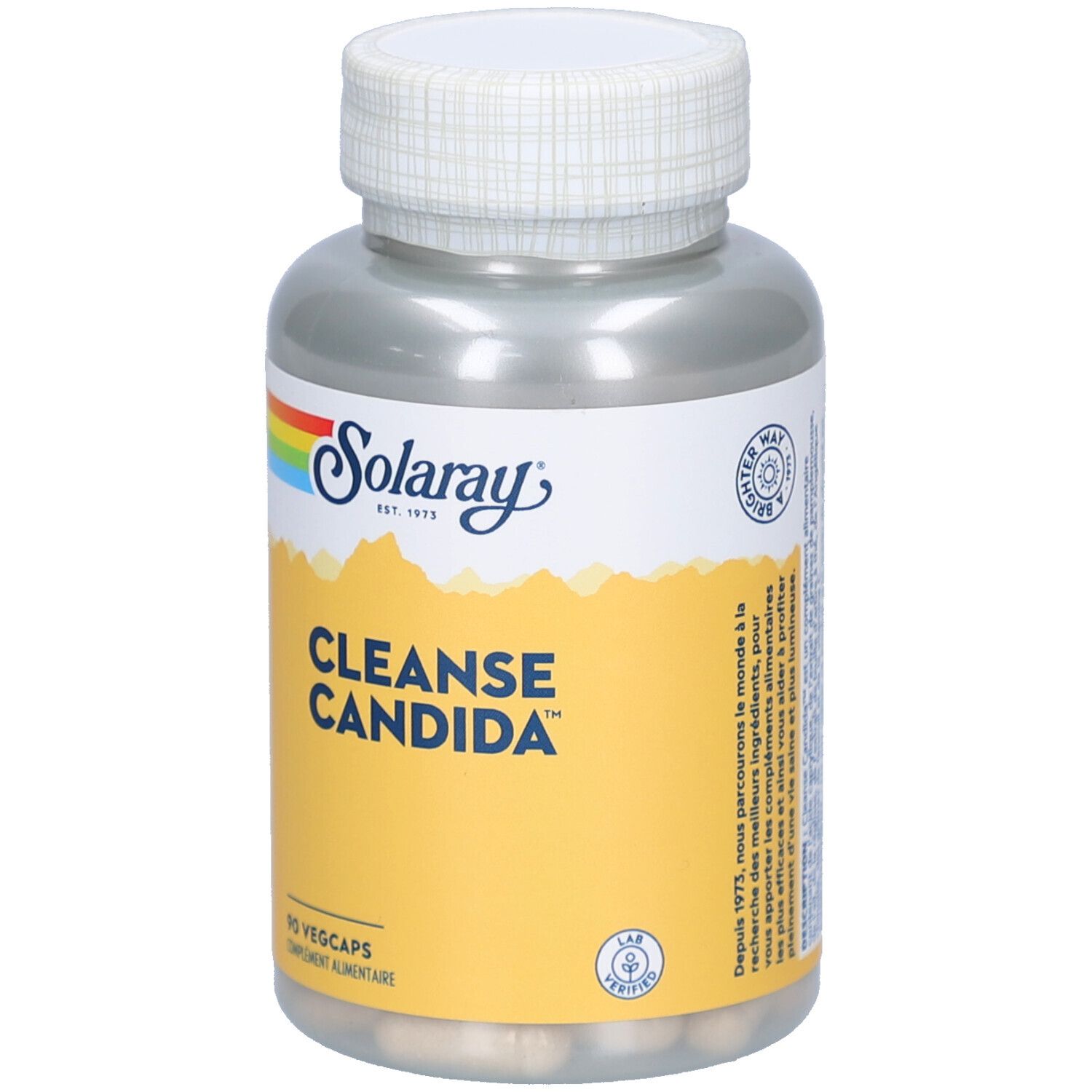Flacon transparent avec bouchon blanc. Inscription: Solaray, CLEANSE CANDIDA, 90 Vegcaps.