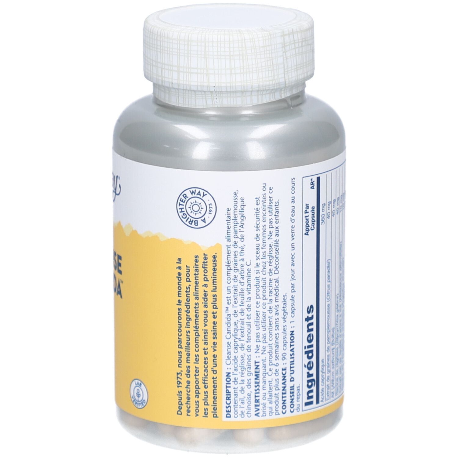 Dos du flacon. Étiquette avec texte et code-barres. Contient des informations sur les ingrédients et le fabricant.