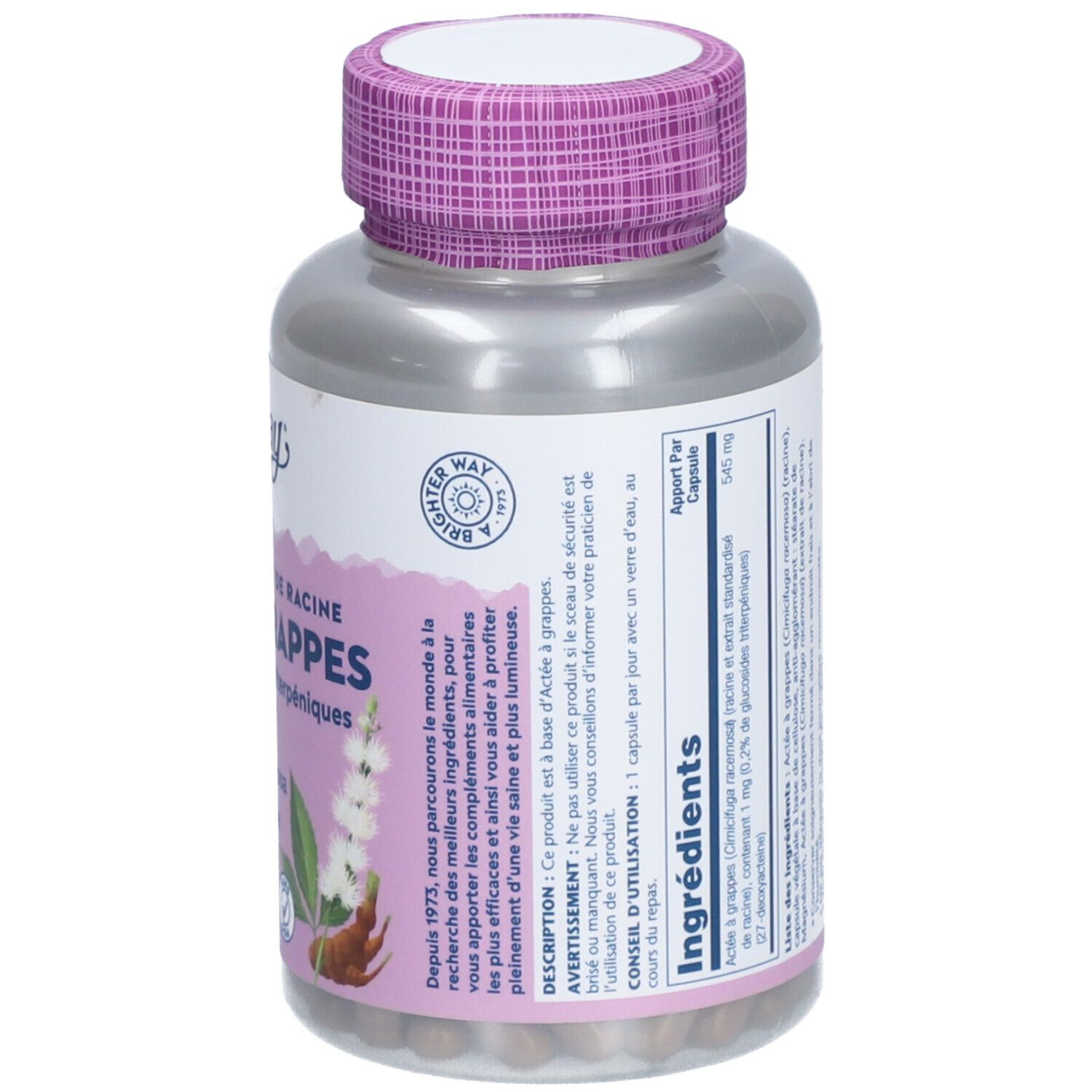 Flacon de gélules ACTEE À GRAPPES. Contient 120 Vegcaps. Marque SOLARAY. Bouchon violet, flacon gris.