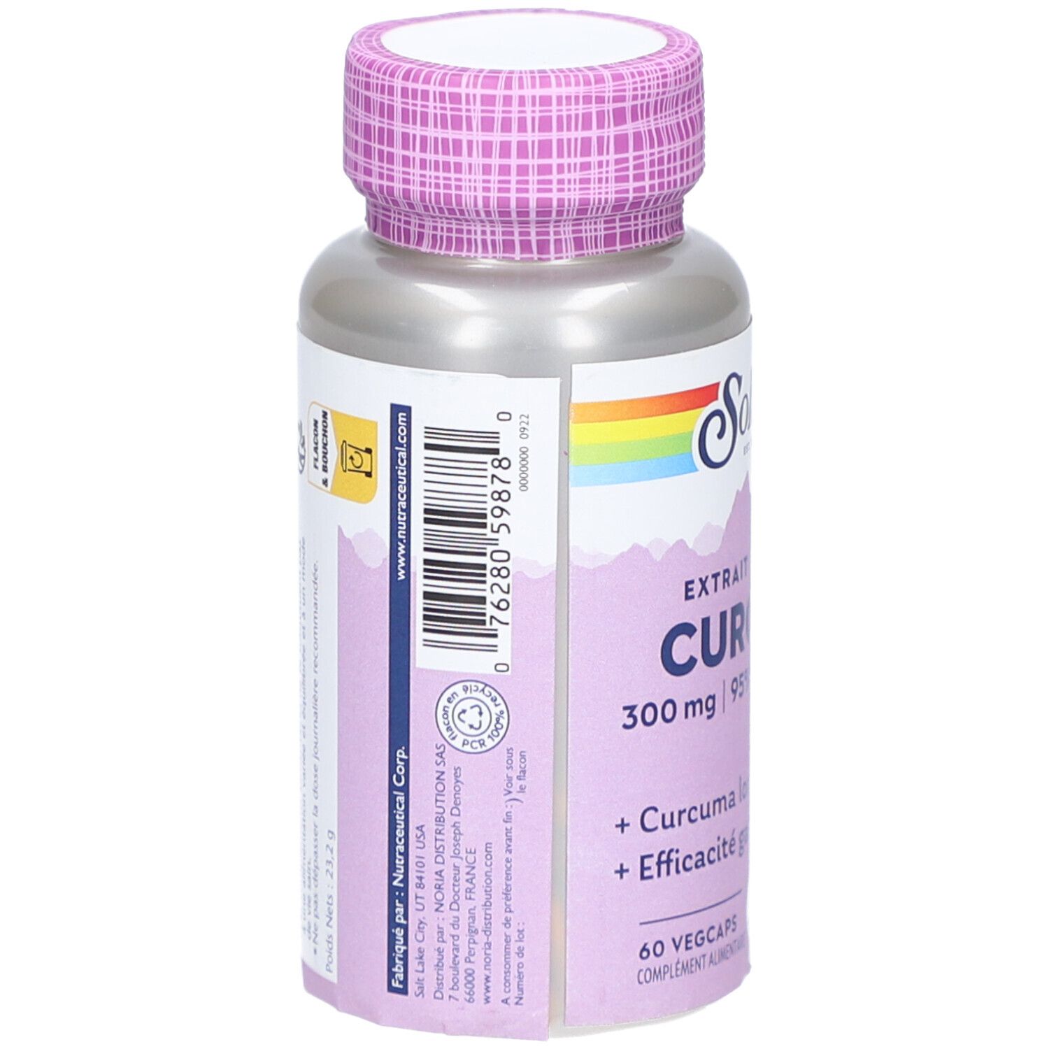 Dos du flacon. Code-barres, texte et logos. Logo SOLARAY et informations.