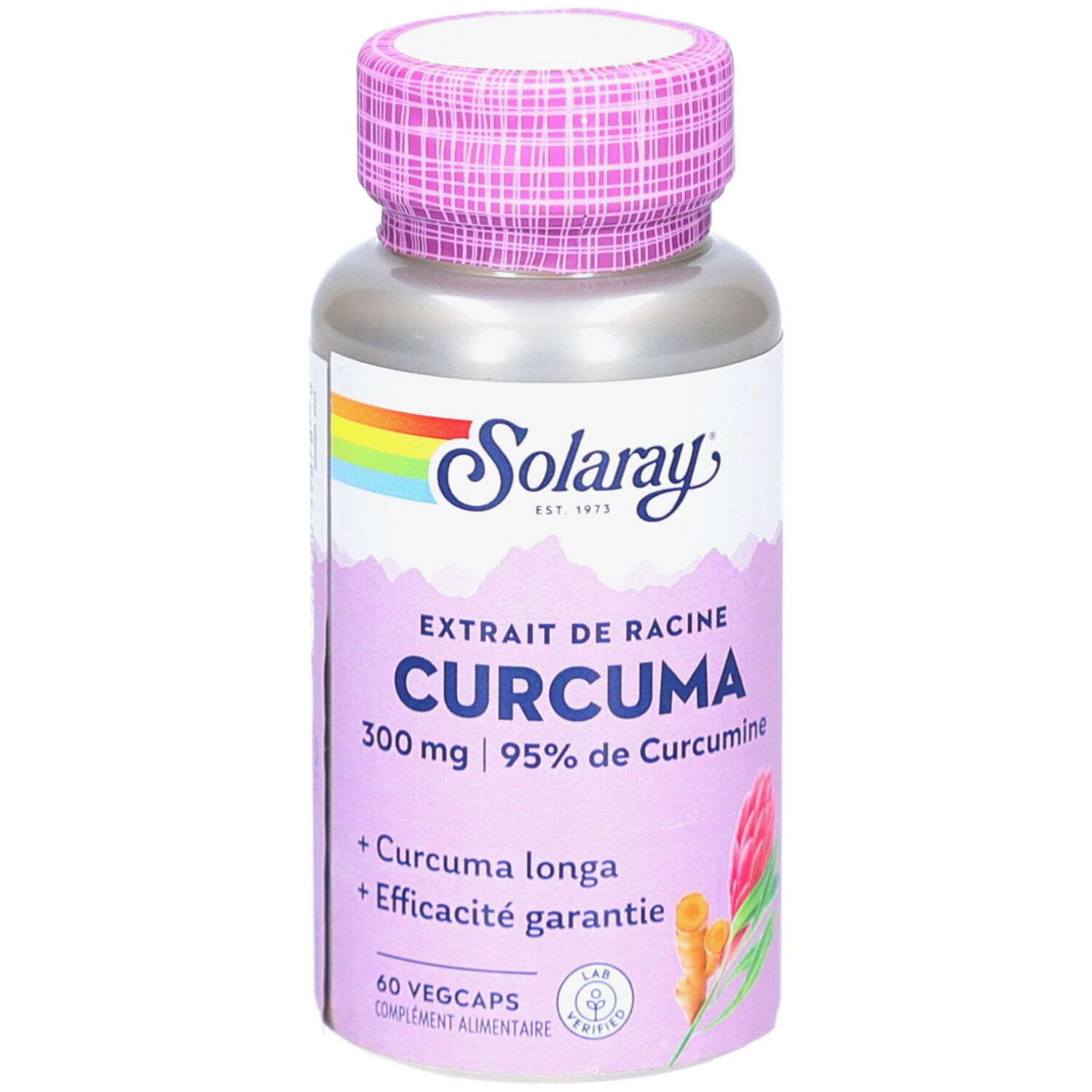 Flacon cylindrique, bouchon rose. Inscription: SOLARAY CURCUMA, 300 mg, 60 Vegicaps. Logo arc-en-ciel.