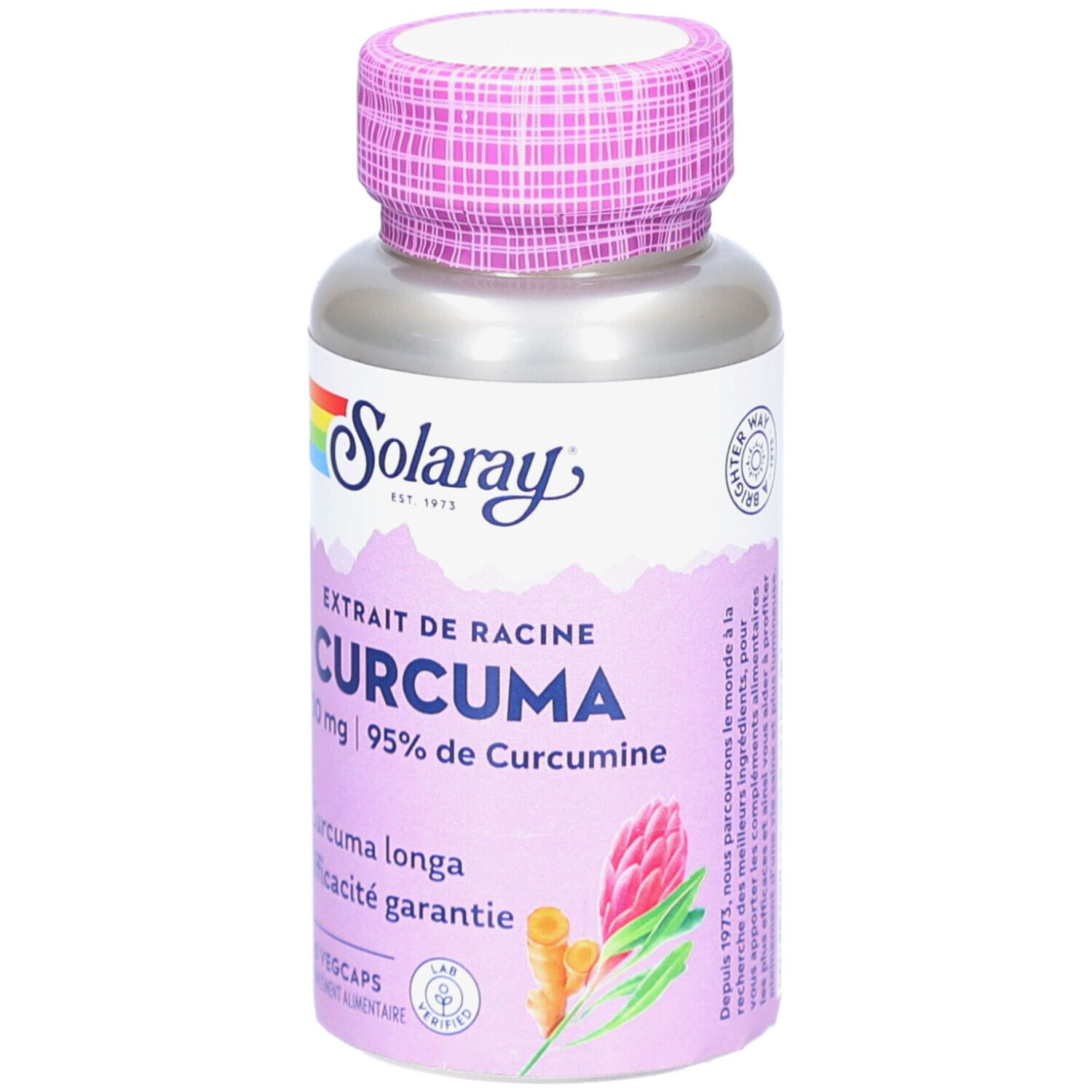 Flacon cylindrique, bouchon rose. Inscription: SOLARAY CURCUMA, 300 mg, 60 Vegicaps. Logo arc-en-ciel.