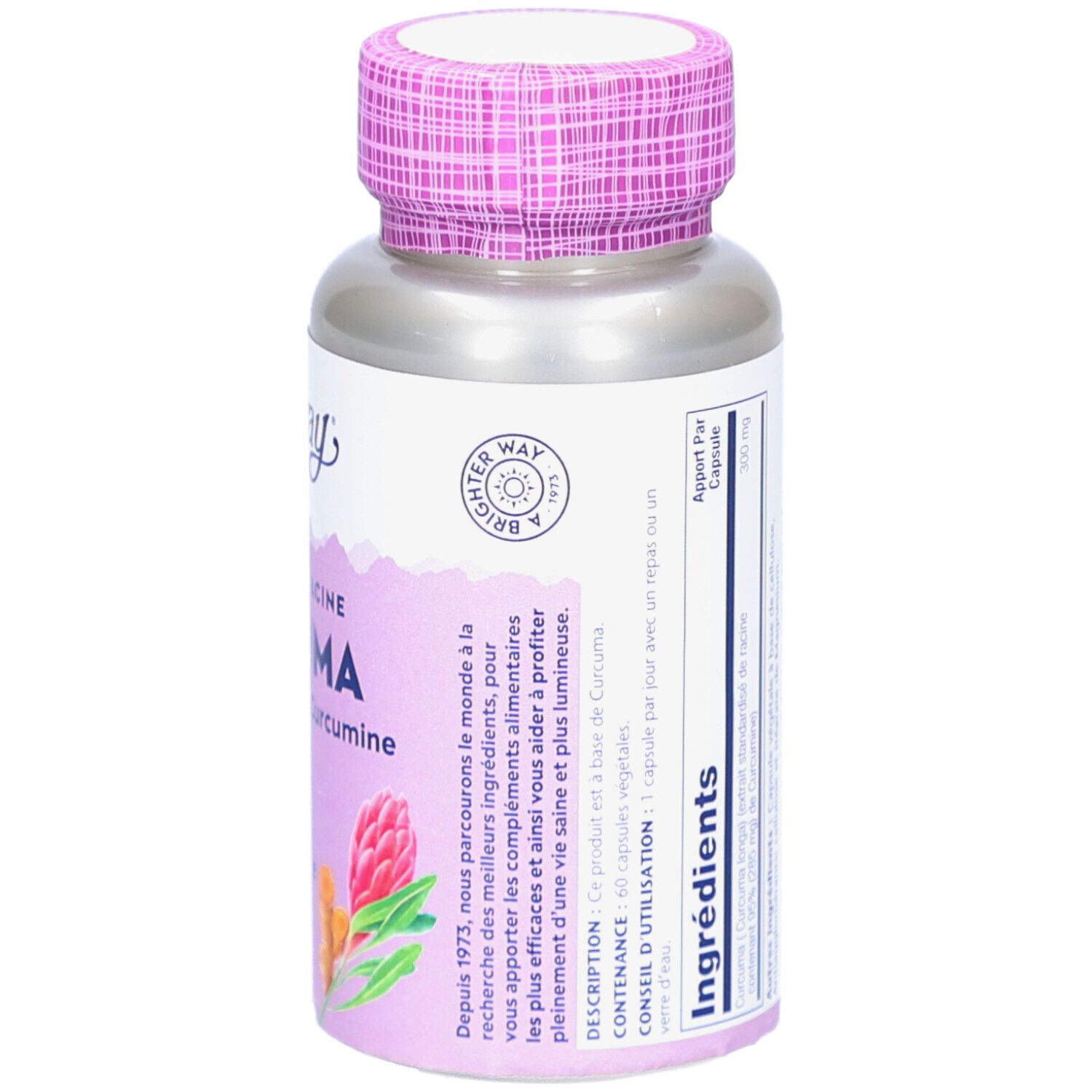 Dos du flacon. Liste des ingrédients, dosage, avertissements. Flacon et bouchon.