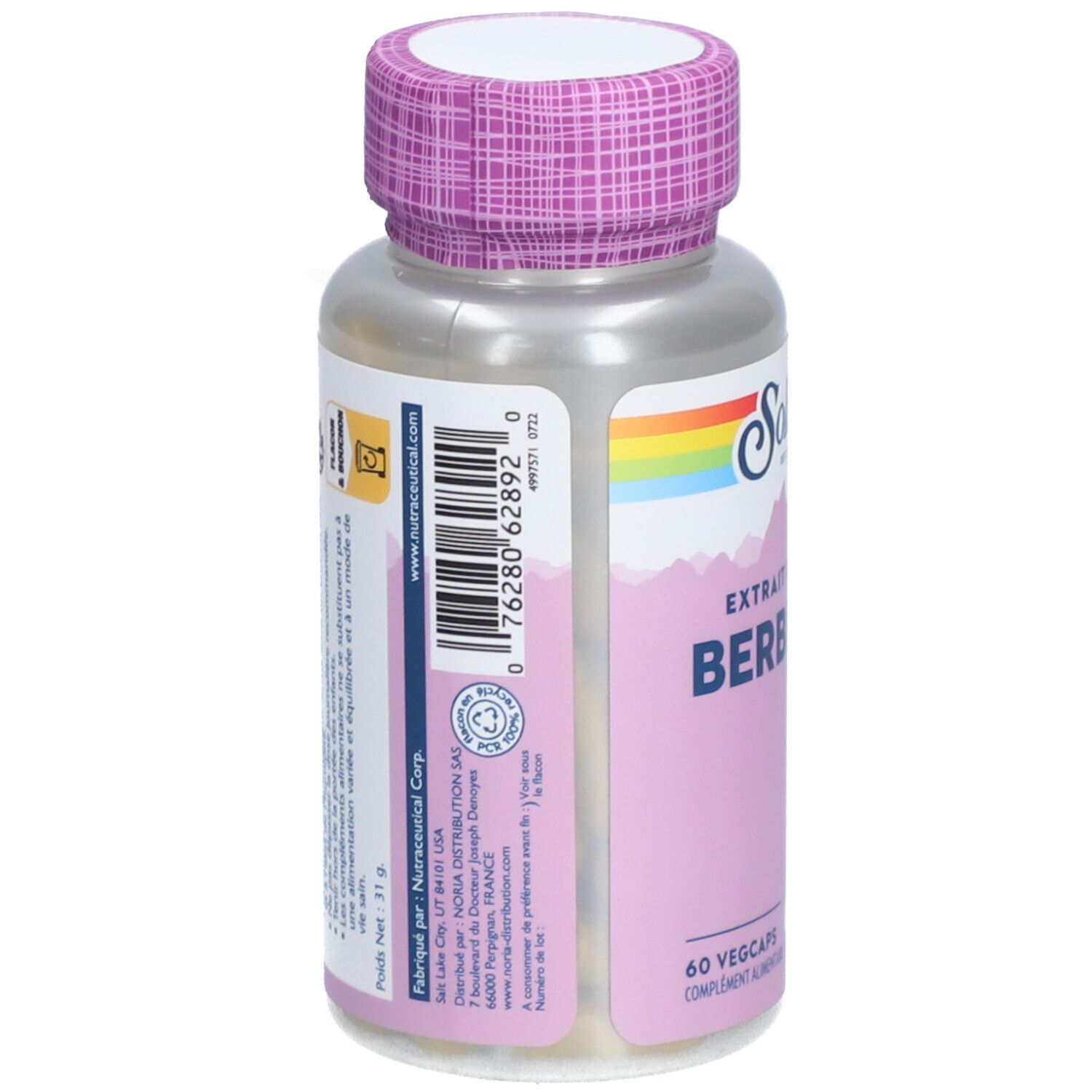 Dos du flacon de gélules. Inscription: SOLARAY, BERBÉRINE, 60 Vegcaps. Étiquette avec ingrédients et informations fabricant.