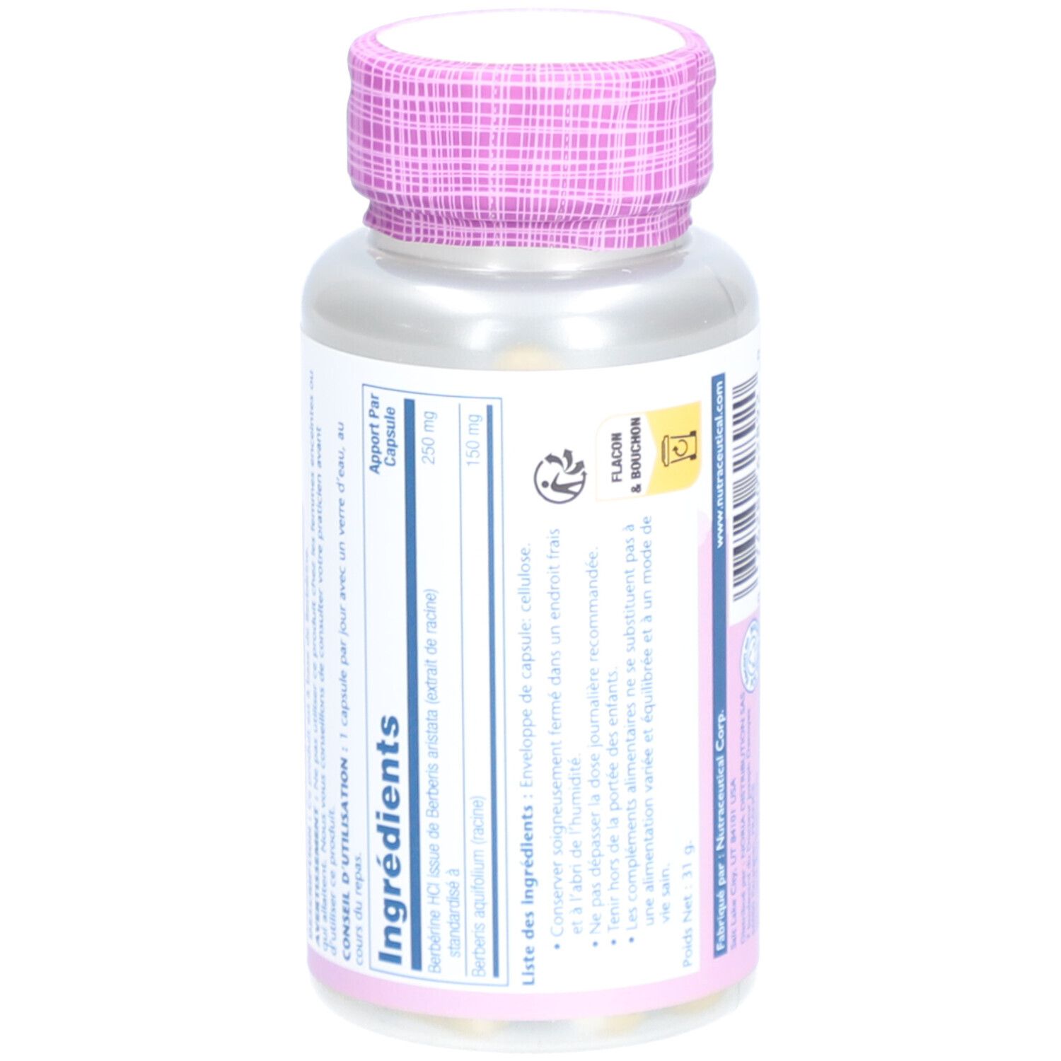 Dos du flacon de gélules. Inscription: Ingrédients, dosage. Étiquette avec informations nutritionnelles et avertissements.