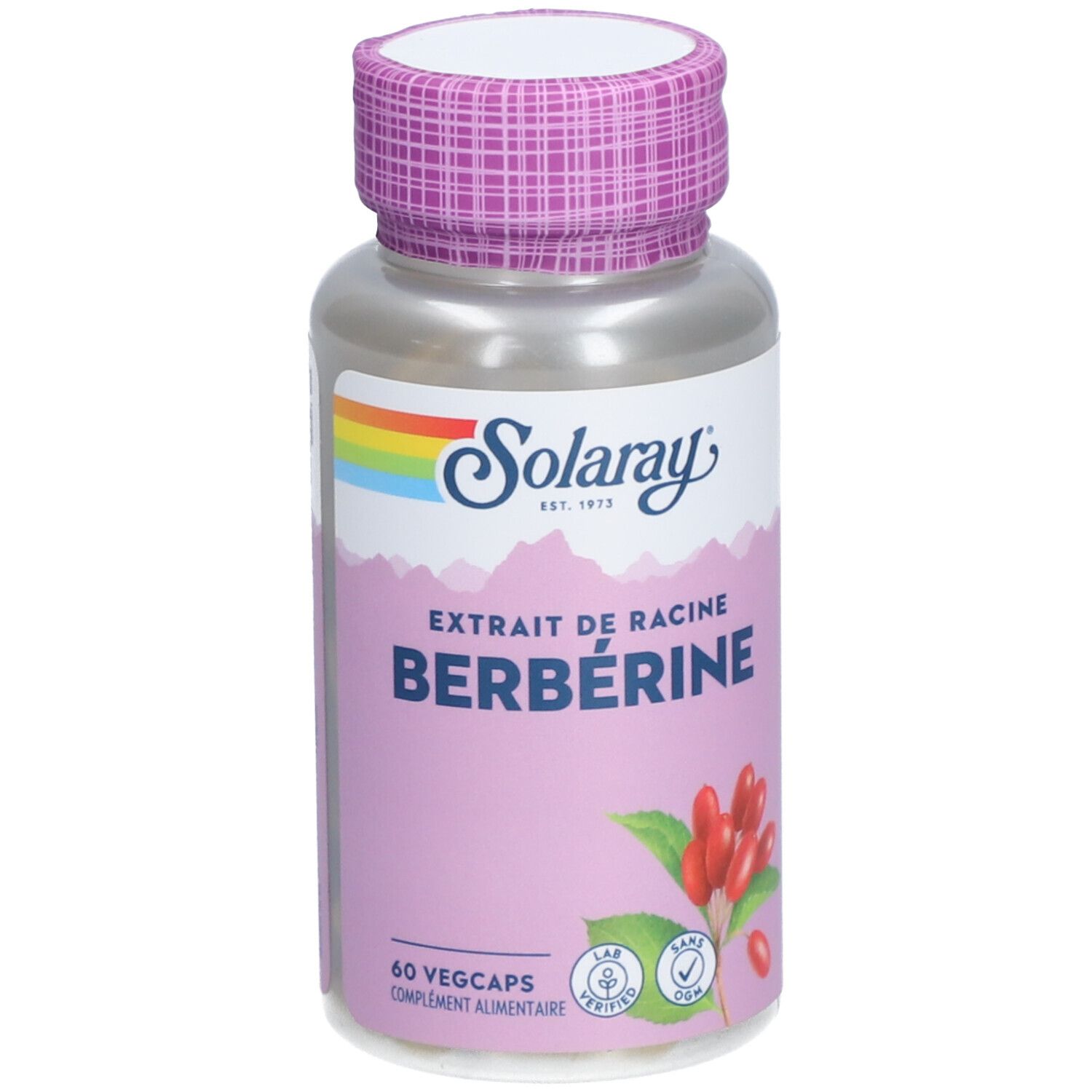 Flacon de gélules. Inscription: SOLARAY, BERBÉRINE, 60 Vegcaps. Bouchon violet. Étiquette avec logo et ingrédients.