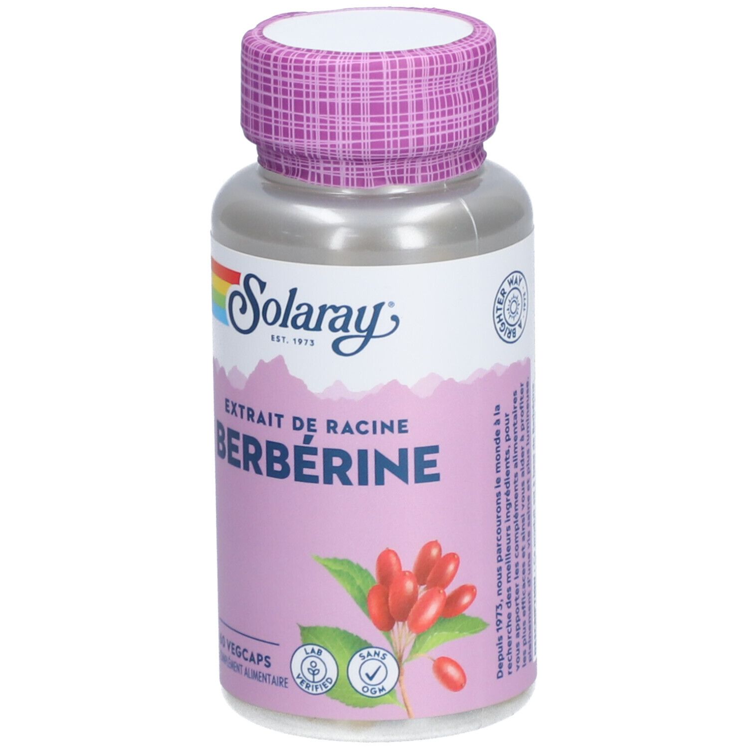 Flacon de gélules. Inscription: SOLARAY, BERBÉRINE, 60 Vegcaps. Bouchon violet. Étiquette avec logo et ingrédients.
