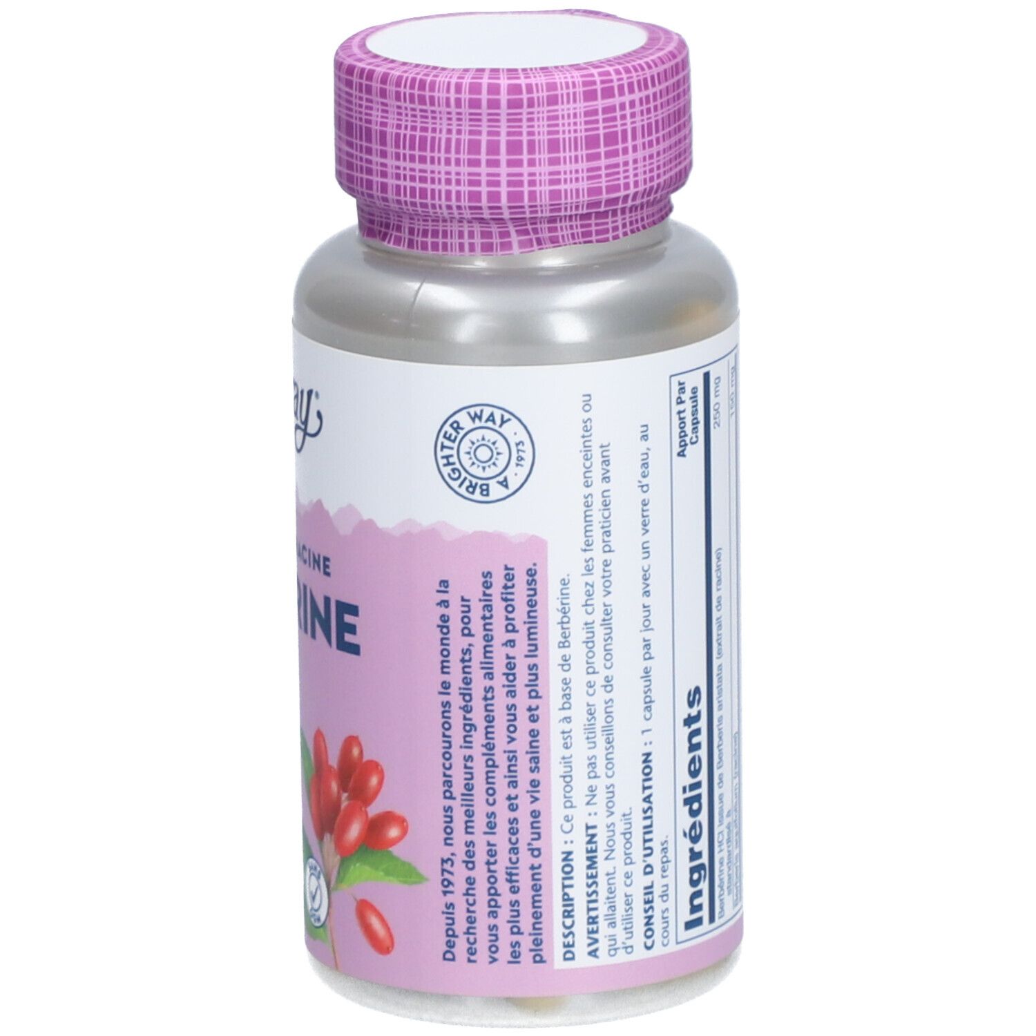 Flacon de gélules. Inscription: SOLARAY, BERBÉRINE, 60 Vegcaps. Bouchon violet. Étiquette avec logo et ingrédients.