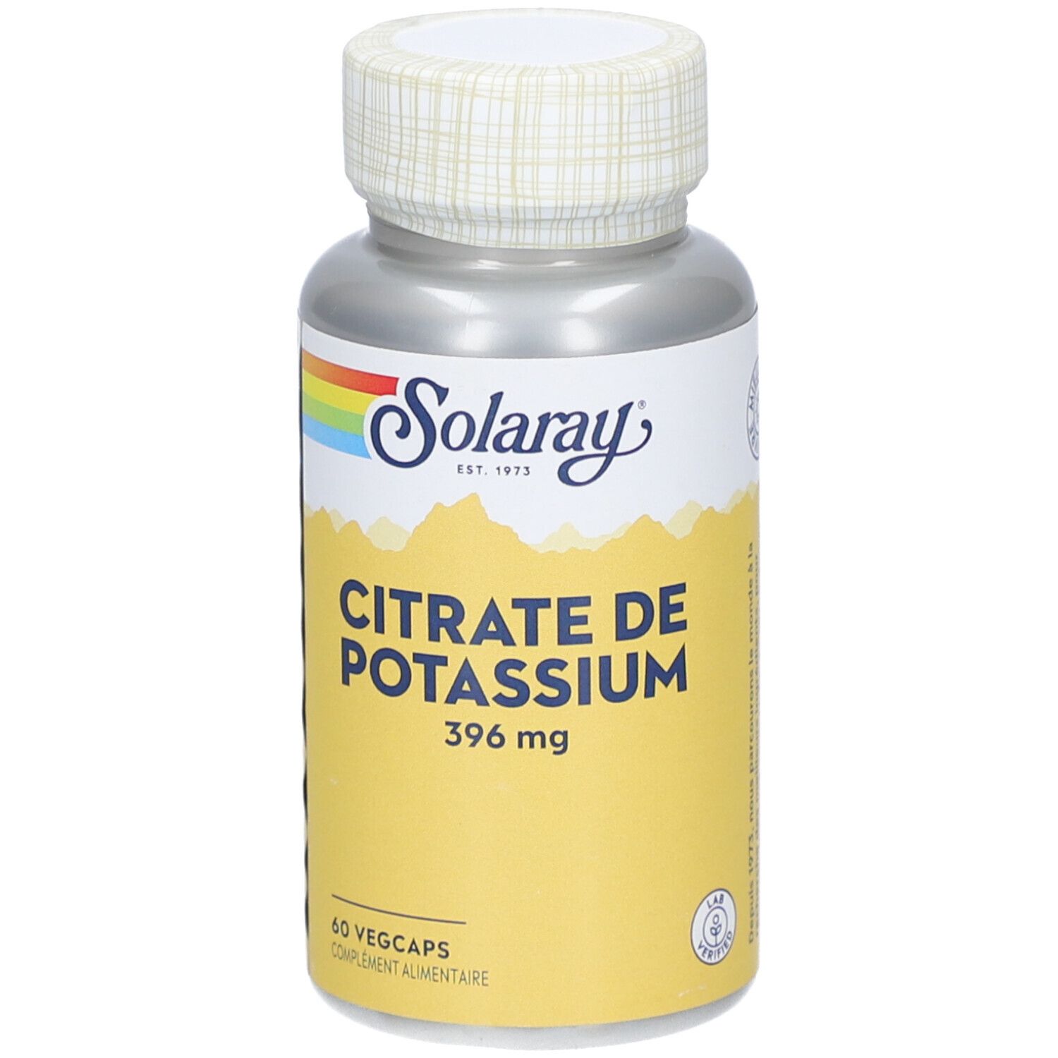 Flacon cylindrique de gélules. Inscription: Citrate de Potassium, 396 mg. 60 Vegcaps. Marque: Solaray.