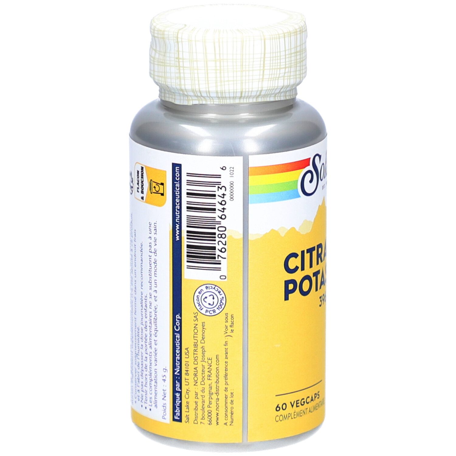 Dos du flacon. Inscription: www.nutraceutica.com. Code-barres. Marque: Solaray. Texte en français.