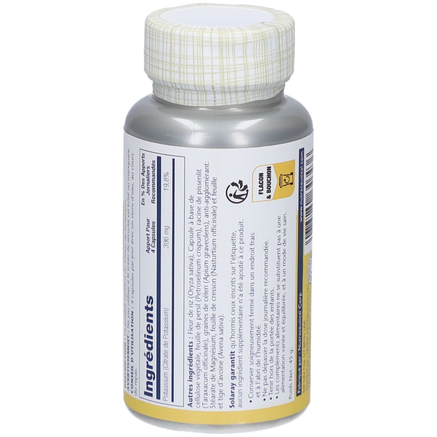 Dos du flacon. Liste des ingrédients. Texte en français. Marque: Solaray. Flacon et bouchon.