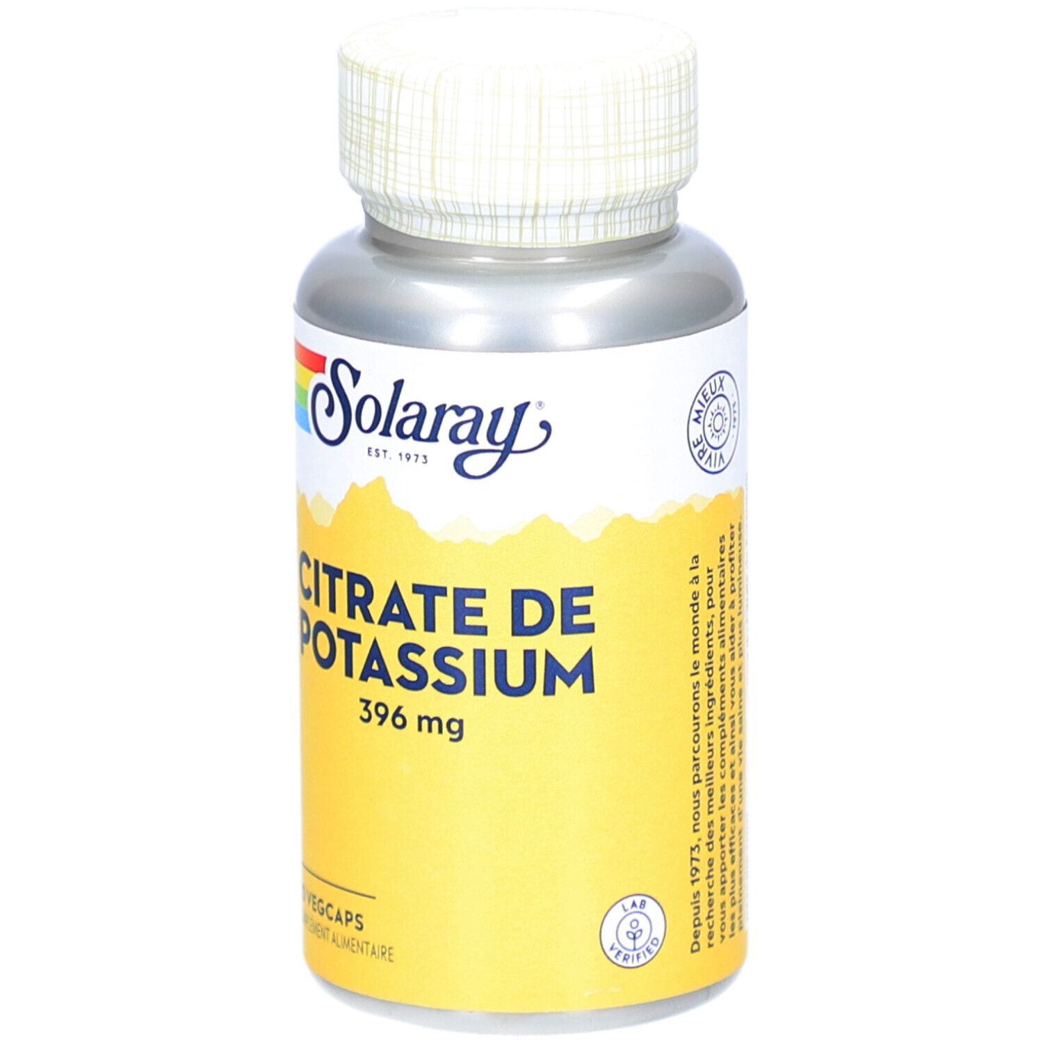 Flacon cylindrique de gélules. Inscription: Citrate de Potassium, 396 mg. 60 Vegcaps. Marque: Solaray.