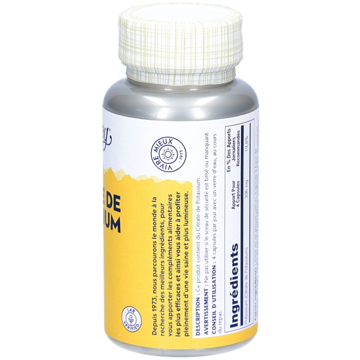 Dos du flacon. Liste des ingrédients. Texte en français. Marque: Solaray. Flacon et bouchon.