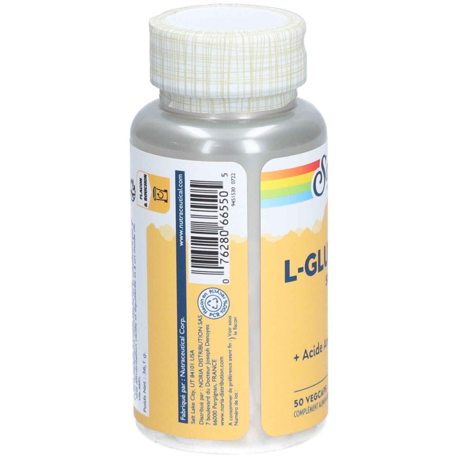 Dos du flacon. Inscription: Solaray, L-Glutamine, 50 Vegcaps. Informations sur les ingrédients et le fabricant.