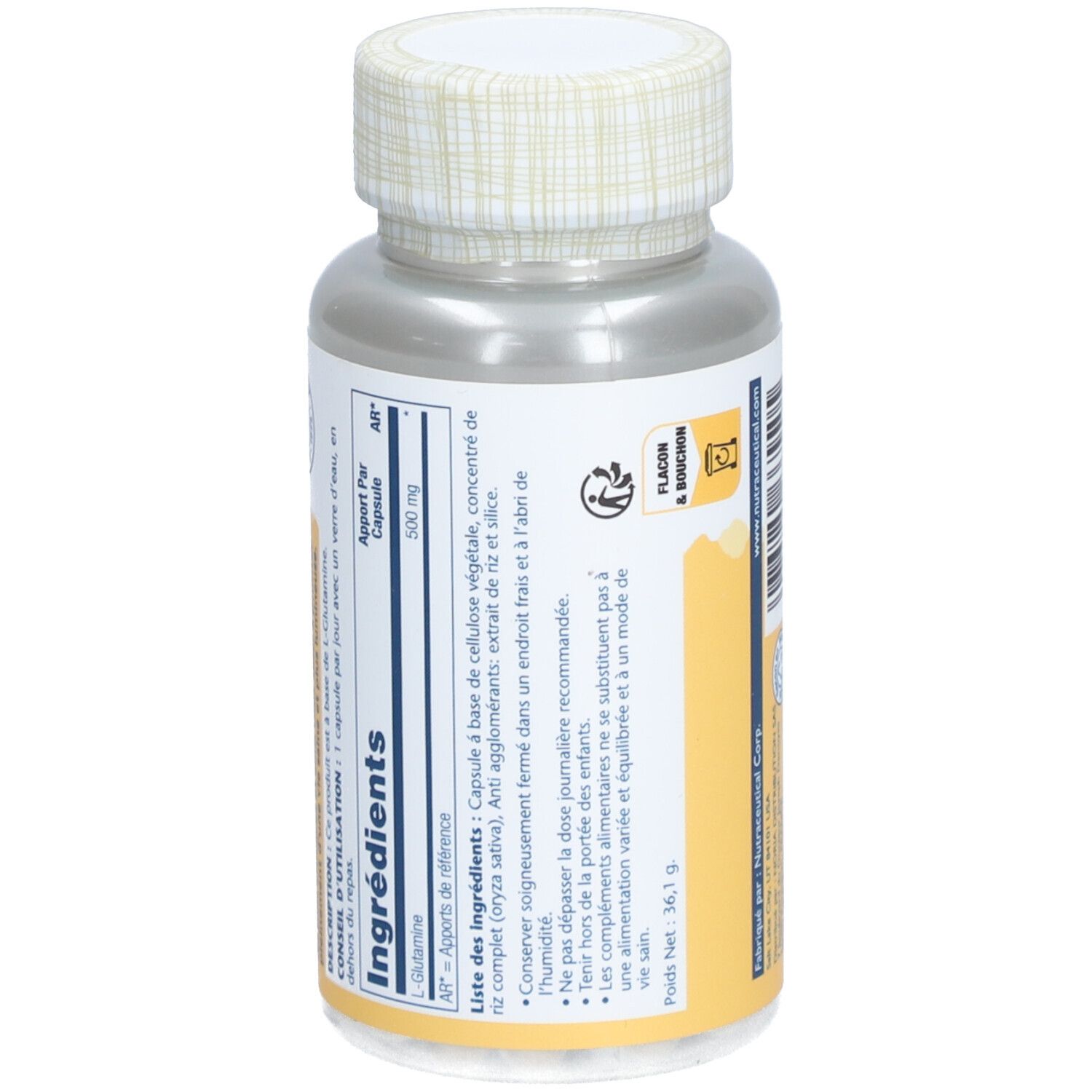 Dos du flacon. Inscription: Ingrédients, informations nutritionnelles. Flacon avec bouchon blanc et étiquette jaune.