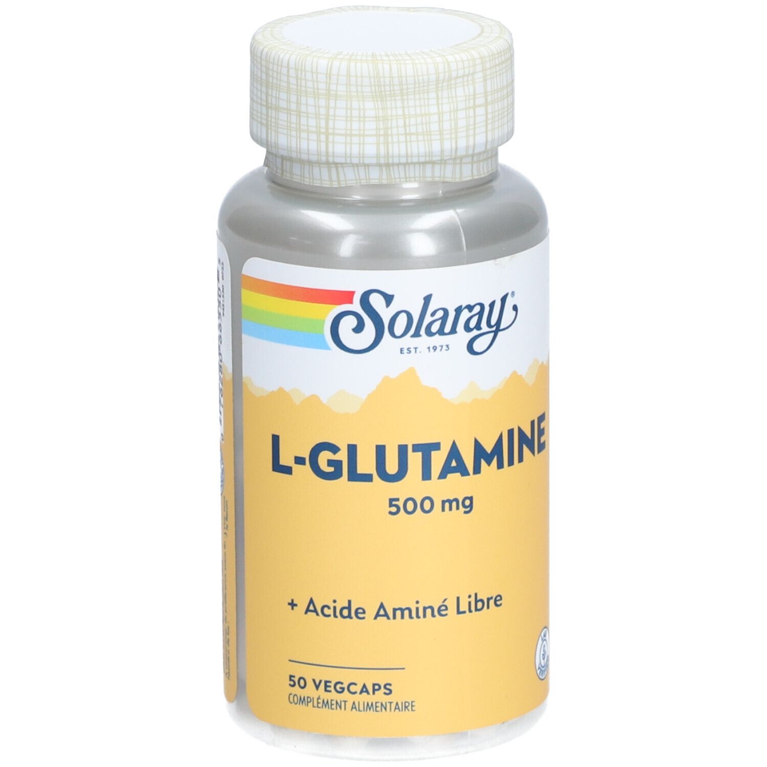 Flacon argenté, bouchon blanc. Inscription: Solaray, L-Glutamine 500 mg, + Acide Aminé Libre. 50 Vegcaps.
