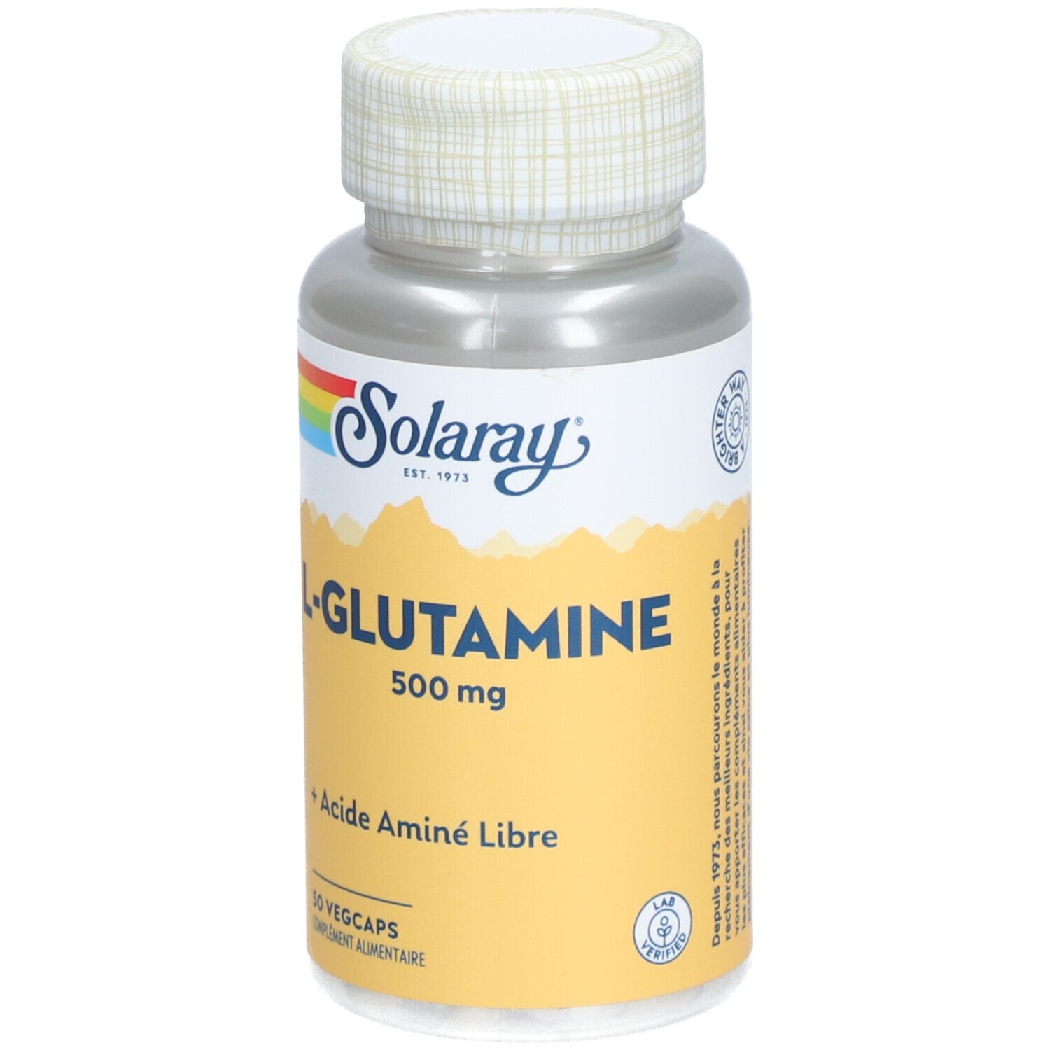 Flacon argenté, bouchon blanc. Inscription: Solaray, L-Glutamine 500 mg, + Acide Aminé Libre. 50 Vegcaps.