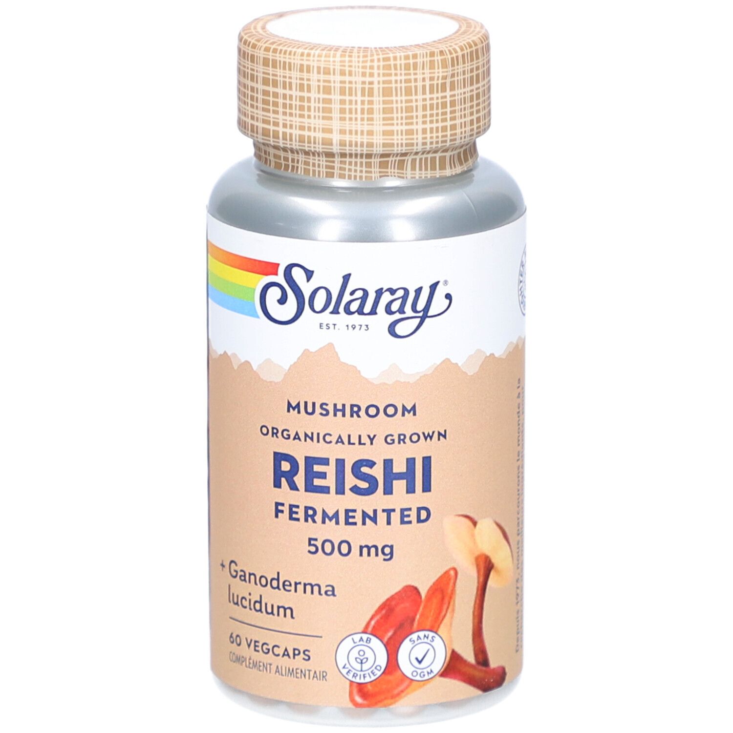 Flacon argenté, étiquette marron. Inscription Reishi 500 mg, 60 Vegcaps. Marque Solaray. Illustration de champignons.