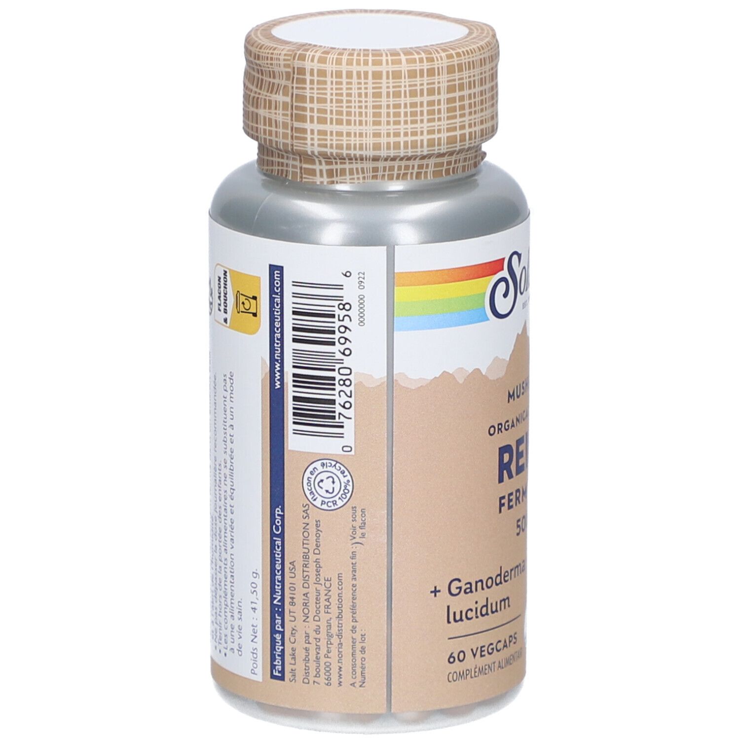 Dos du flacon. Inscription Reishi 500 mg, 60 Vegcaps. Marque Solaray. Avec code-barres et informations fabricant.