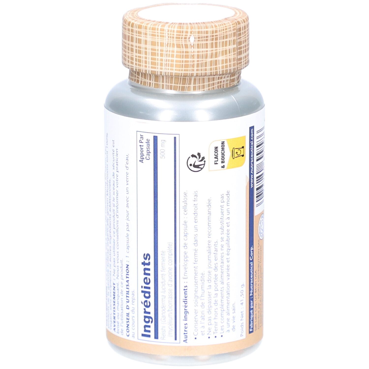 Dos du flacon avec informations ingrédients. Inscription Reishi 500 mg. Avec ingrédients et conseils d'utilisation.