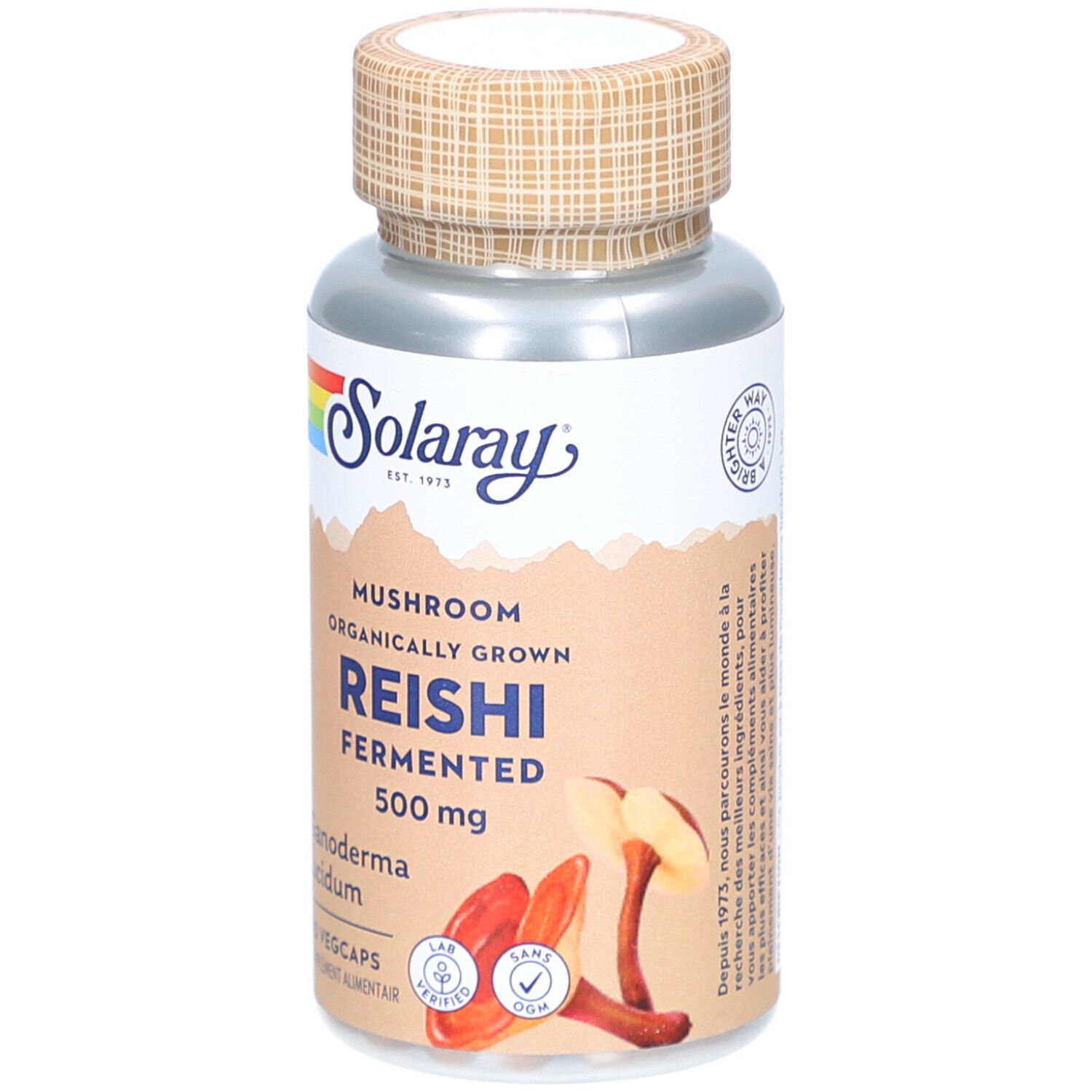 Flacon argenté, étiquette marron. Inscription Reishi 500 mg, 60 Vegcaps. Marque Solaray. Illustration de champignons.