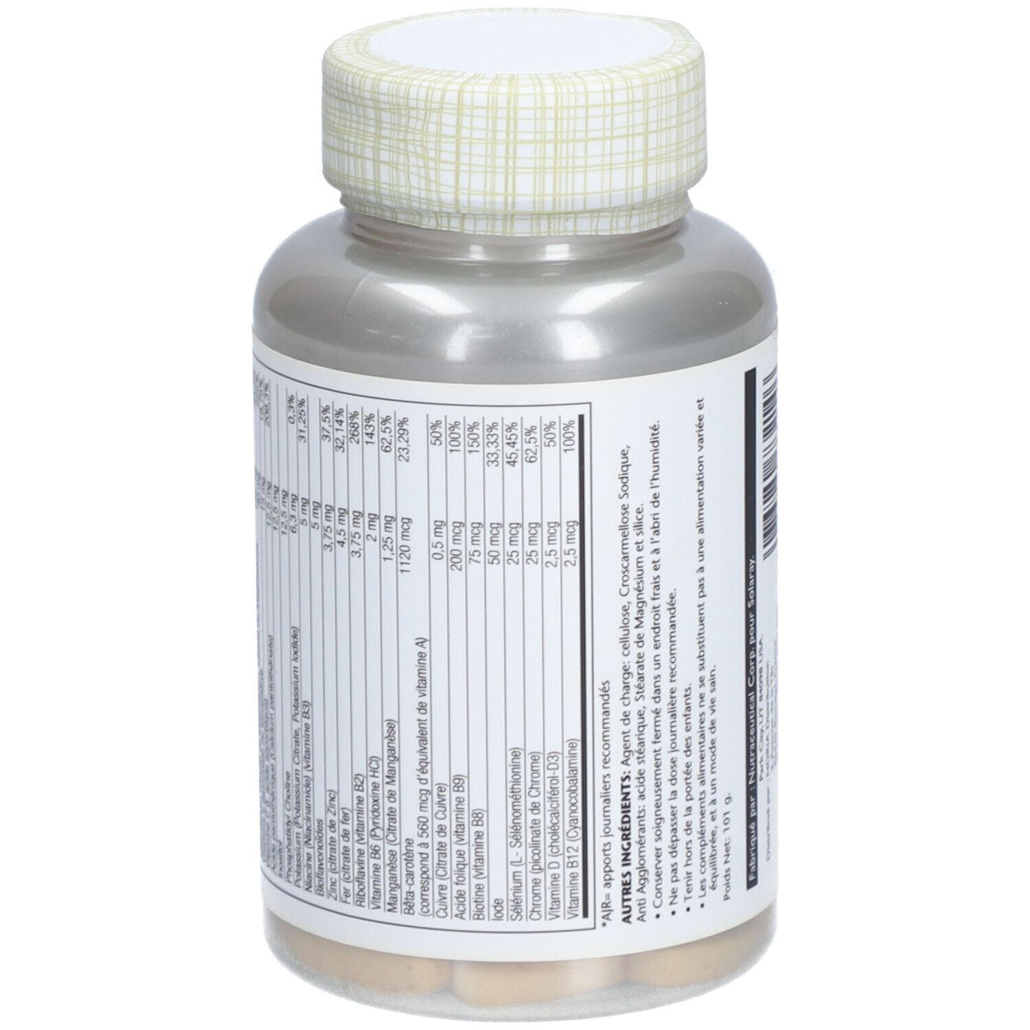 Flacon SOLARAY Prénatal Multi, détail des ingrédients. Liste de vitamines et minéraux. Texte en français.