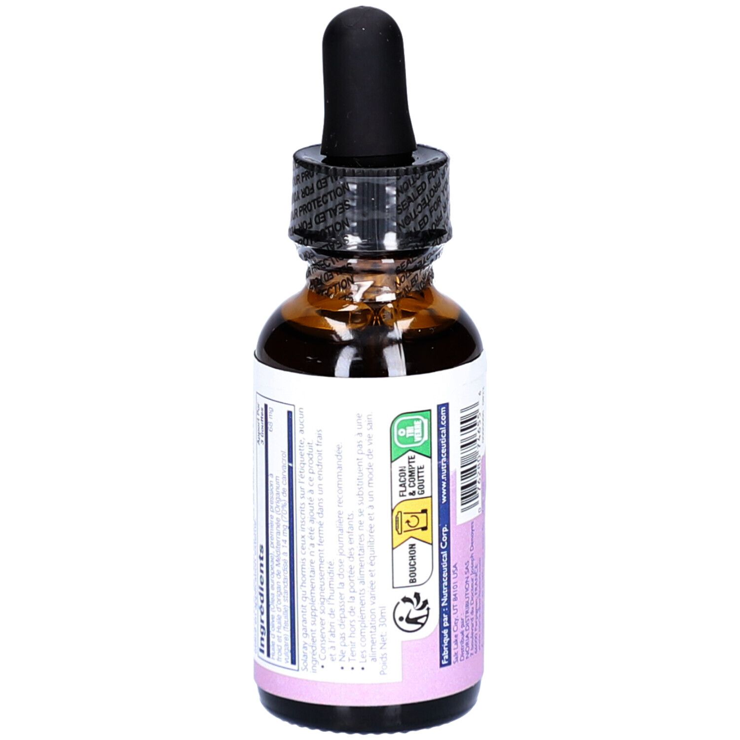 Flacon en verre brun, dos avec étiquette. Informations sur les ingrédients et le fabricant.