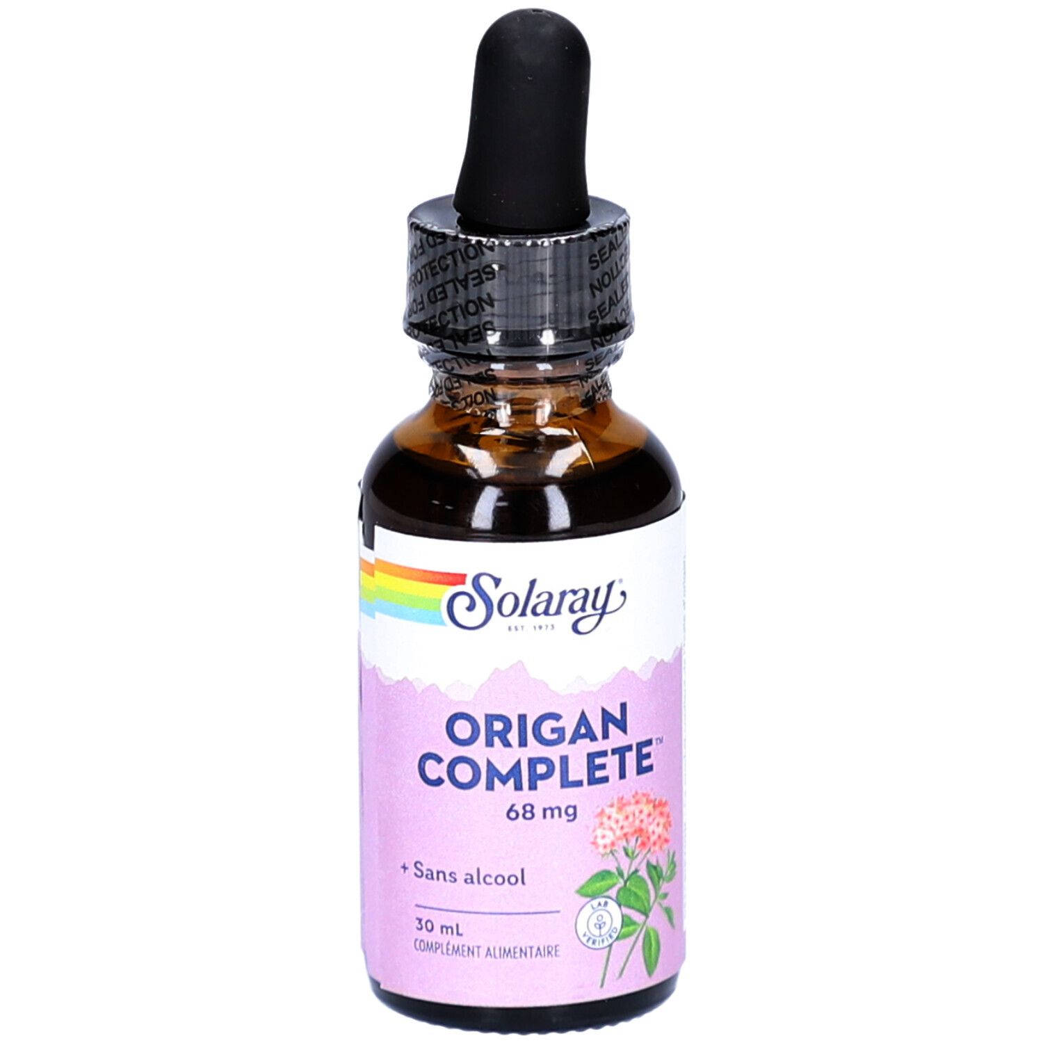 Flacon en verre brun avec compte-gouttes noir. Étiquette "Solaray" et "Origan Complete 68 mg".