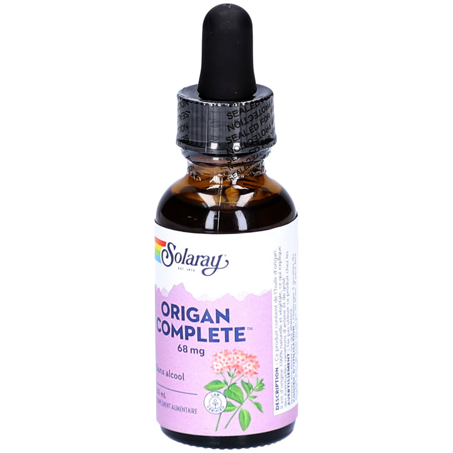 Flacon en verre brun avec compte-gouttes noir. Étiquette "Solaray" et "Origan Complete 68 mg".
