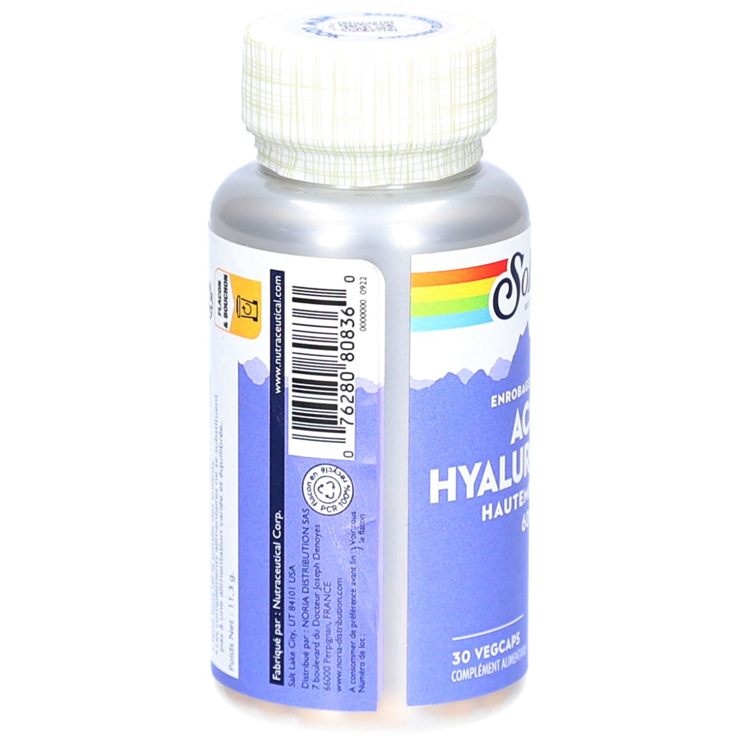 Dos du flacon. Informations et code-barres. Marque Solaray et "Acide Hyaluronique".