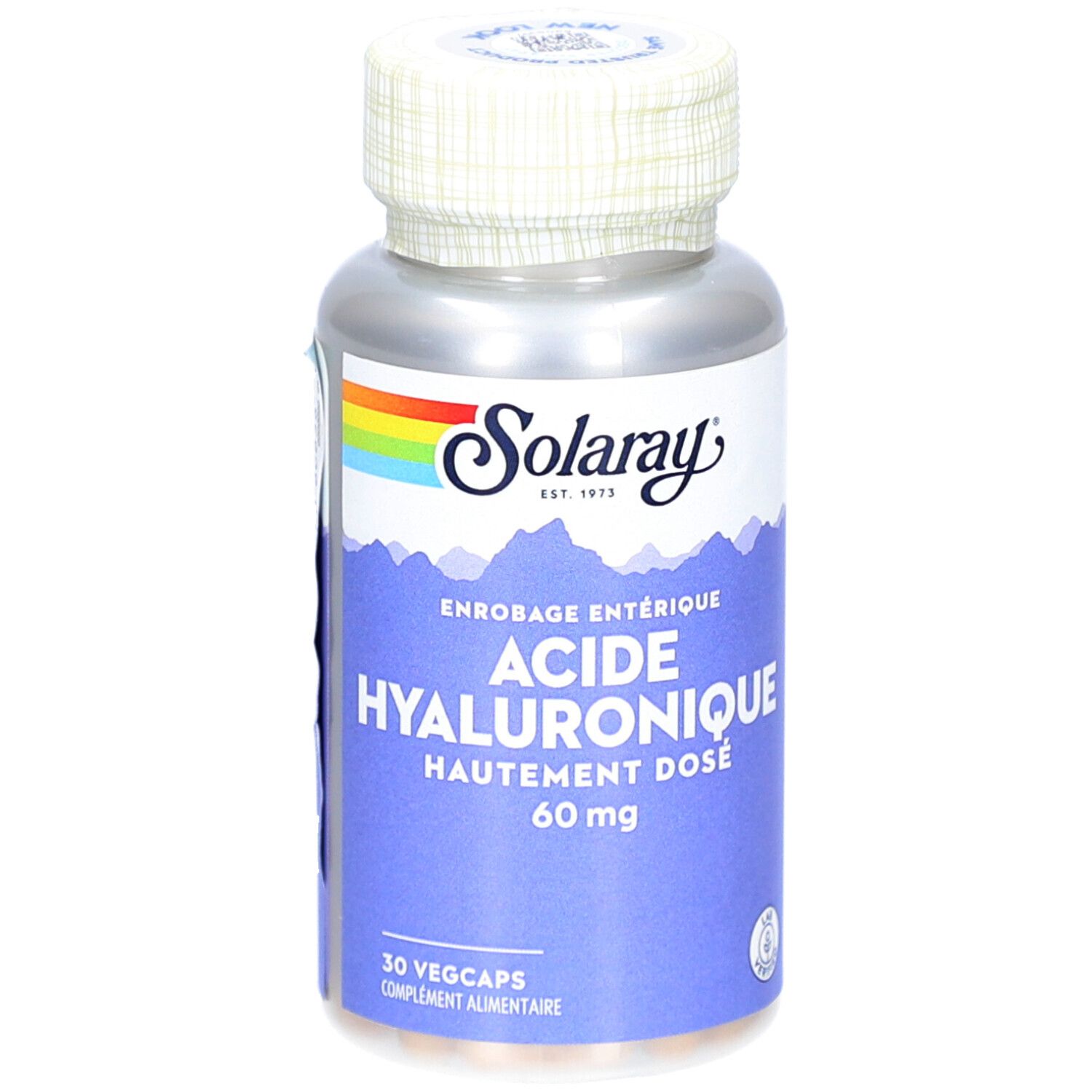 Flacon argenté avec bouchon blanc. Étiquette avec "Solaray", "Acide Hyaluronique 60 mg" et "30 Vegcaps".