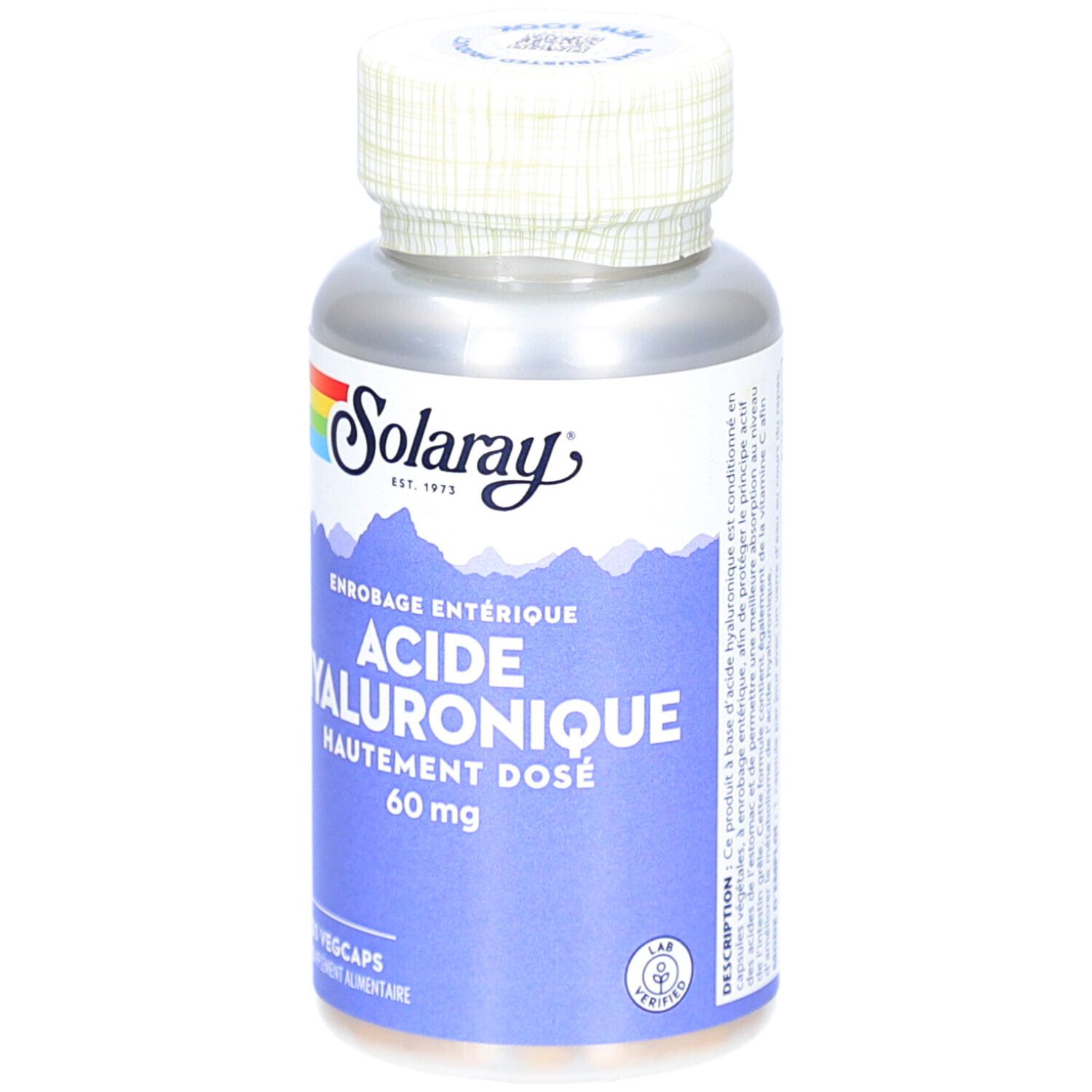 Flacon argenté avec bouchon blanc. Étiquette avec "Solaray", "Acide Hyaluronique 60 mg" et "30 Vegcaps".