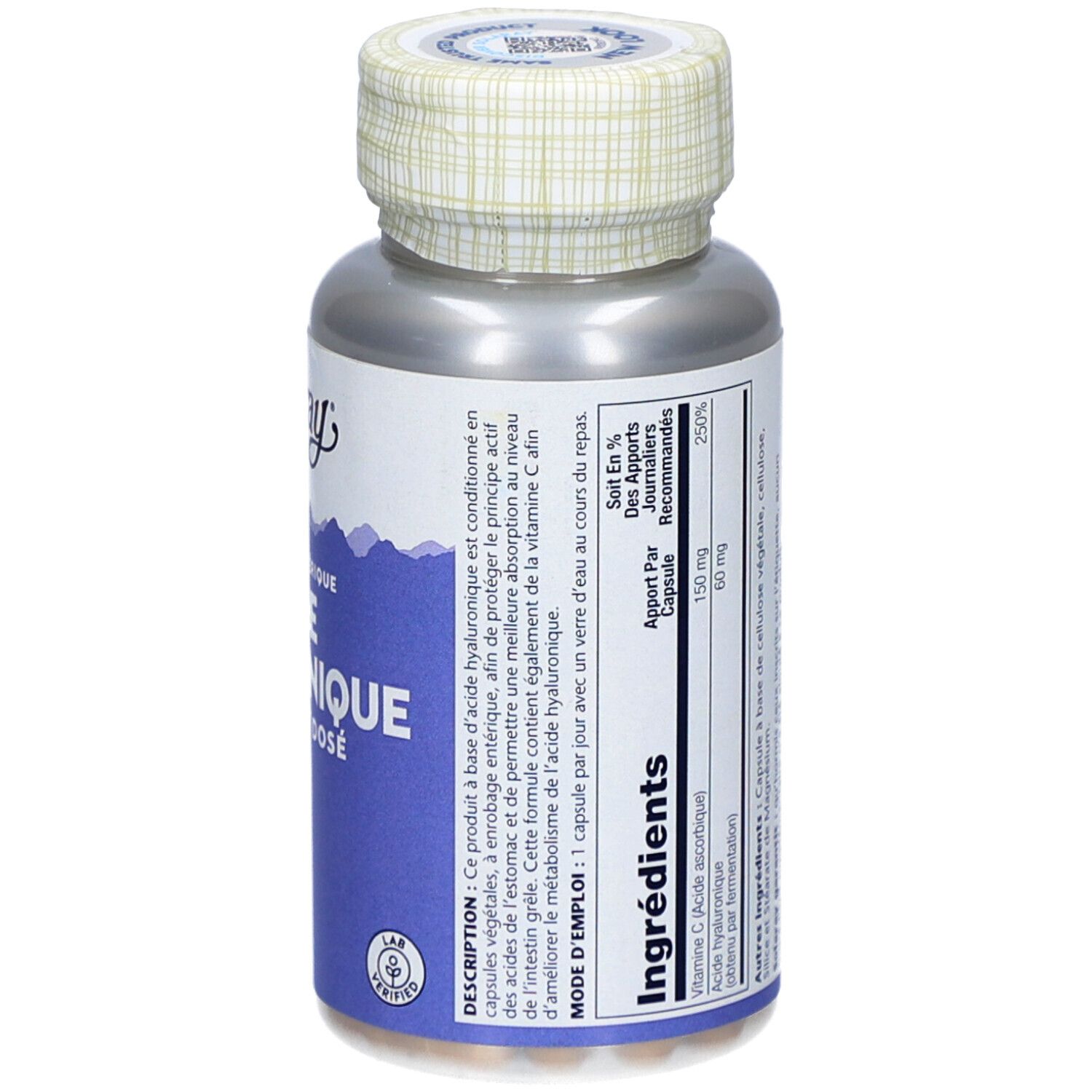 Dos du flacon. Informations sur les ingrédients et le dosage. Marque Solaray.