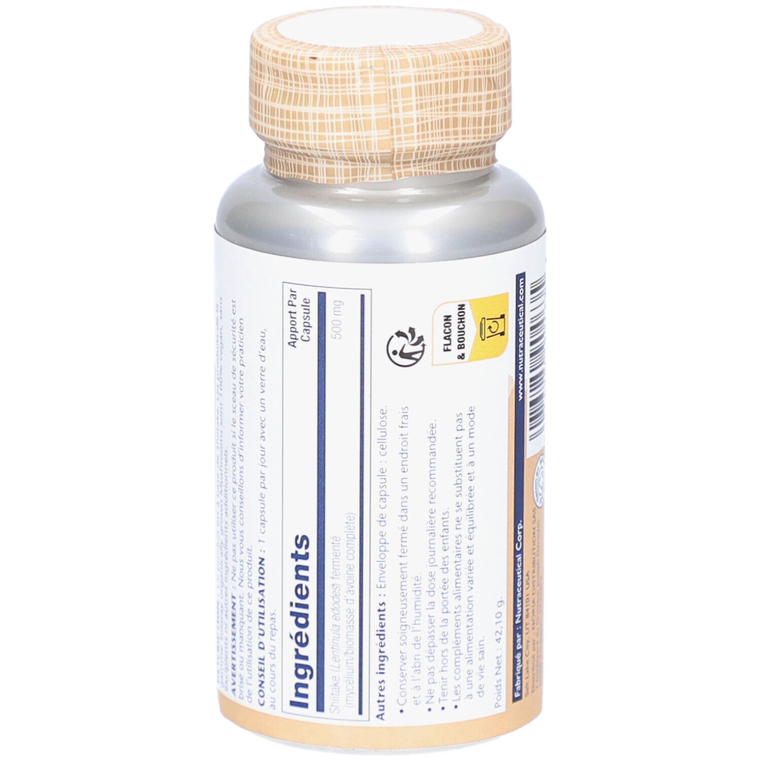 Dos du flacon. Inscription: Ingrédients, 300 mg par gélule. Informations fabricant.
