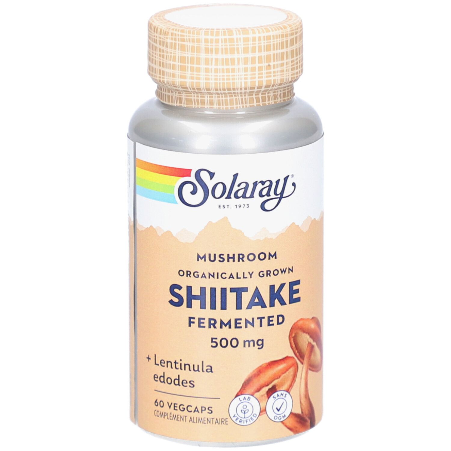 Flacon argenté, bouchon marron. Shiitake 500 mg, 60 gélules végétales. Marque Solaray.
