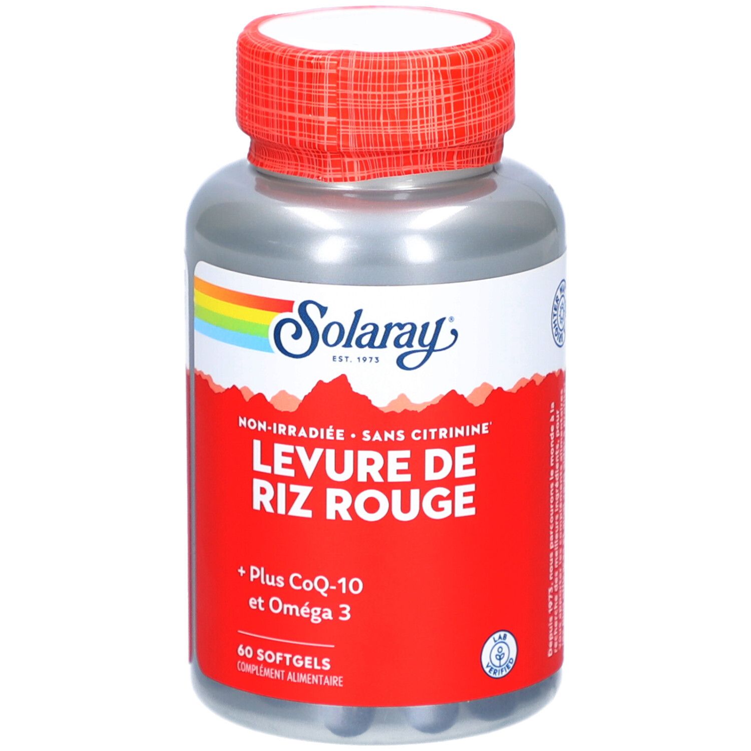 Flacon argenté, bouchon rouge. Inscription: SOLARAY, LEVURE DE RIZ ROUGE. Contient 60 gélules.