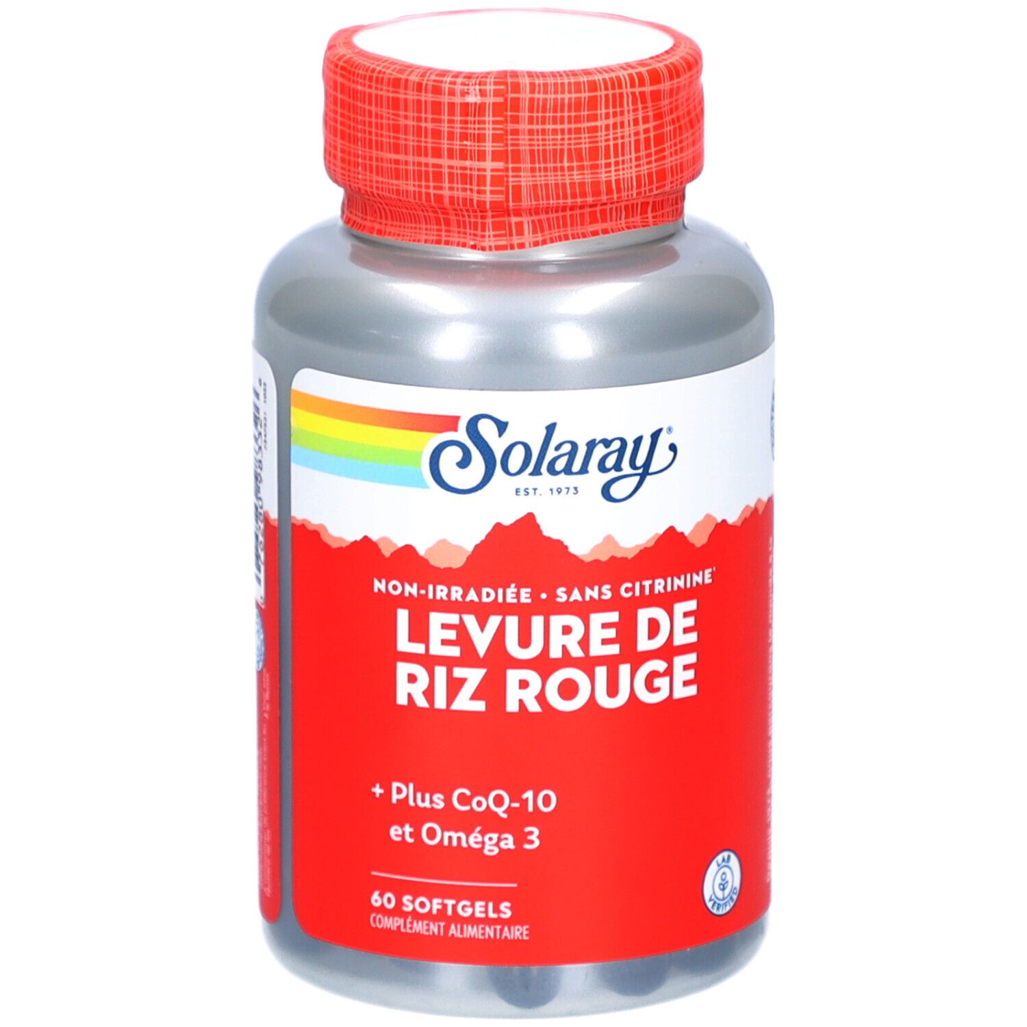 Flacon argenté, bouchon rouge. Inscription: SOLARAY, LEVURE DE RIZ ROUGE. 60 gélules.