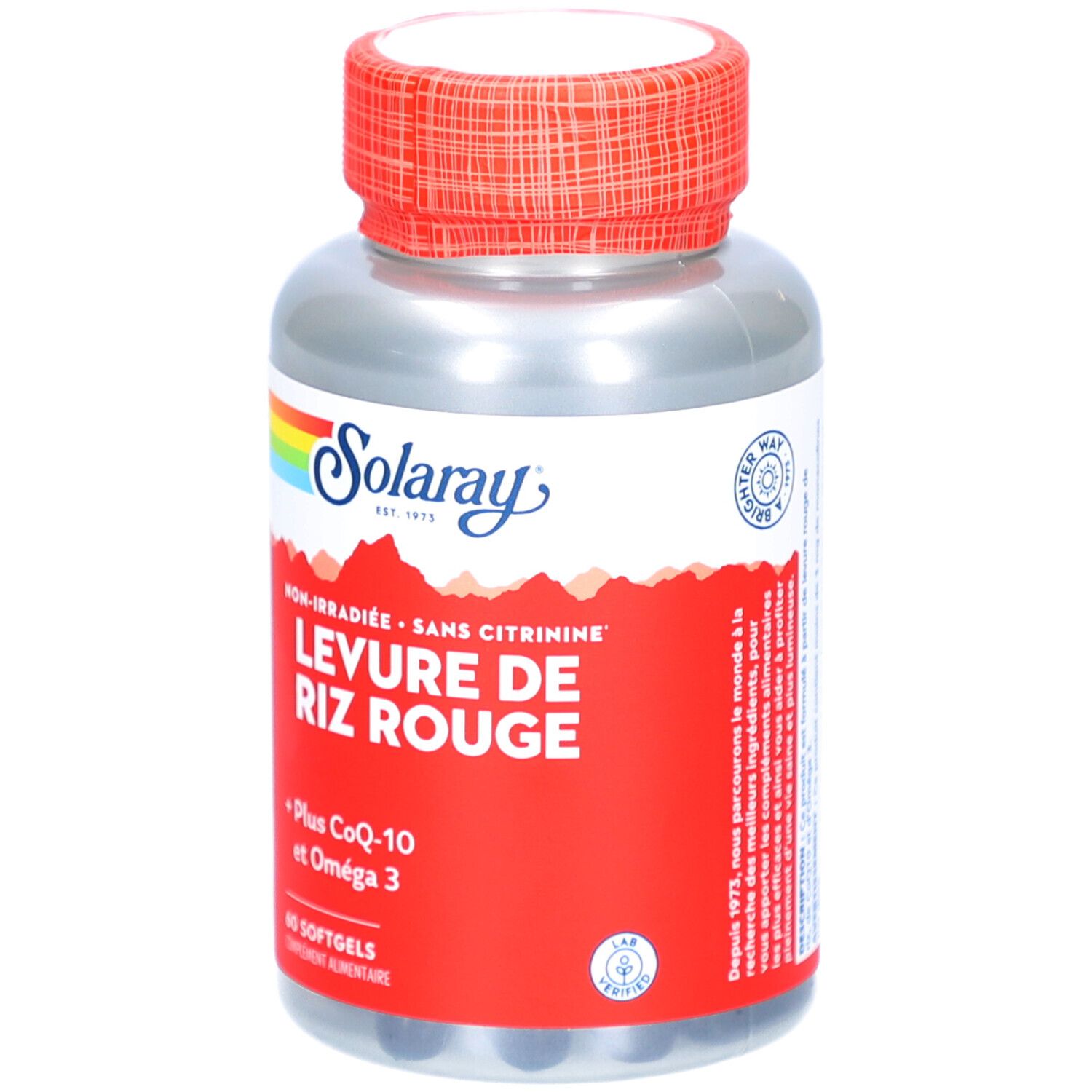 Flacon argenté, bouchon rouge. Inscription: SOLARAY, LEVURE DE RIZ ROUGE. 60 gélules.