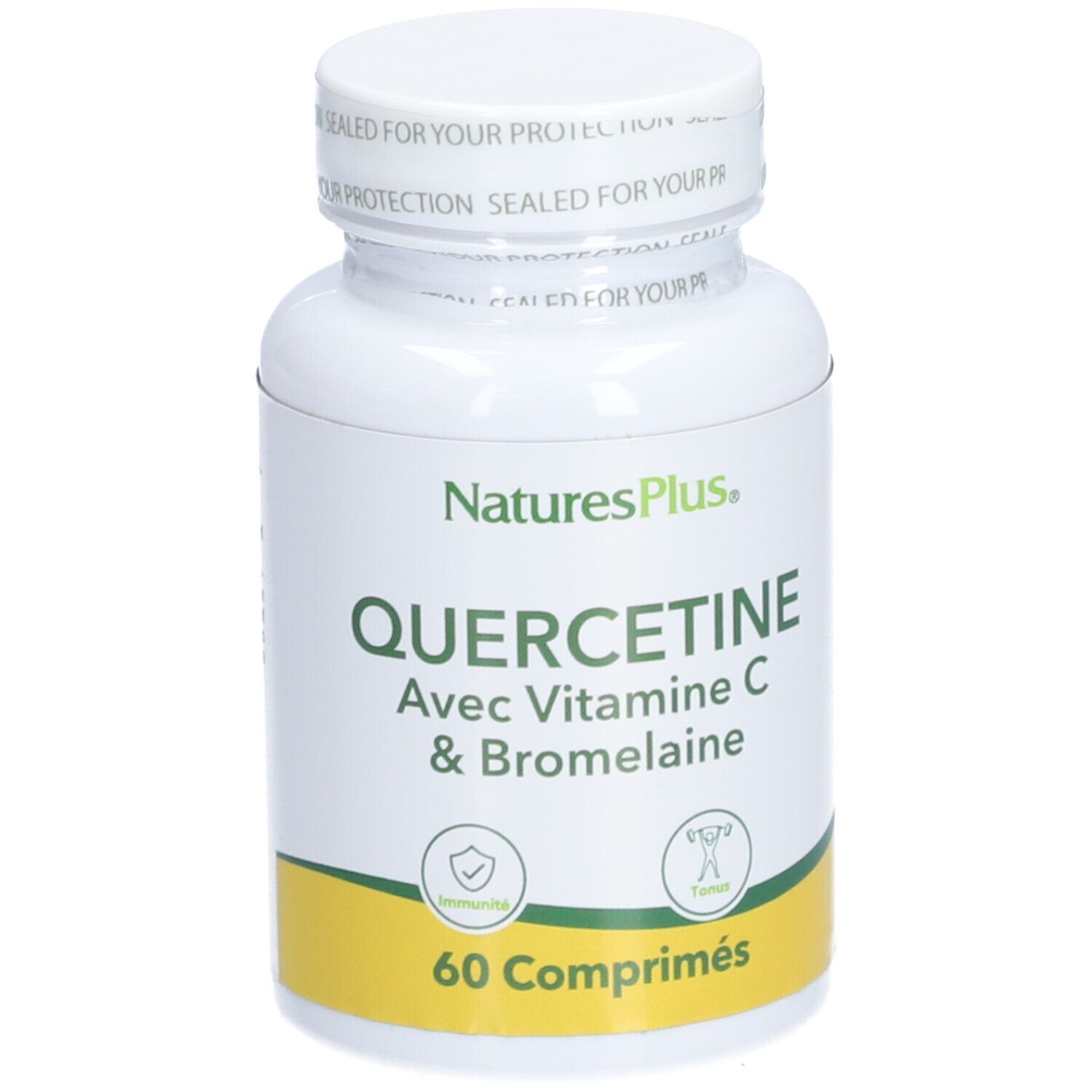 Flacon blanc NATURE'S PLUS QUERCETINE avec Vitamine C & Bromélaïne. 60 comprimés. Sceau sur le couvercle.