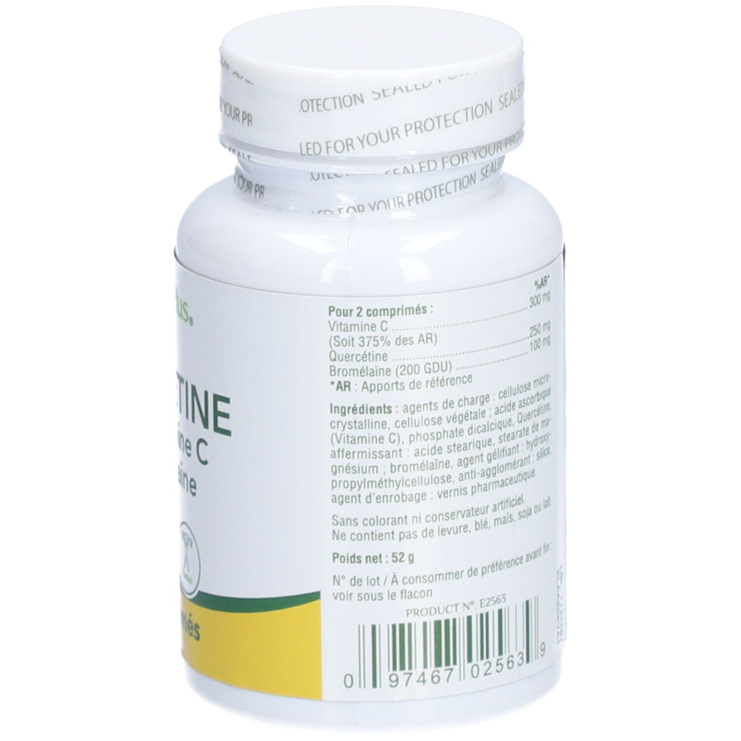 Dos du flacon blanc. Liste des ingrédients, informations nutritionnelles, informations fabricant et numéro de lot.